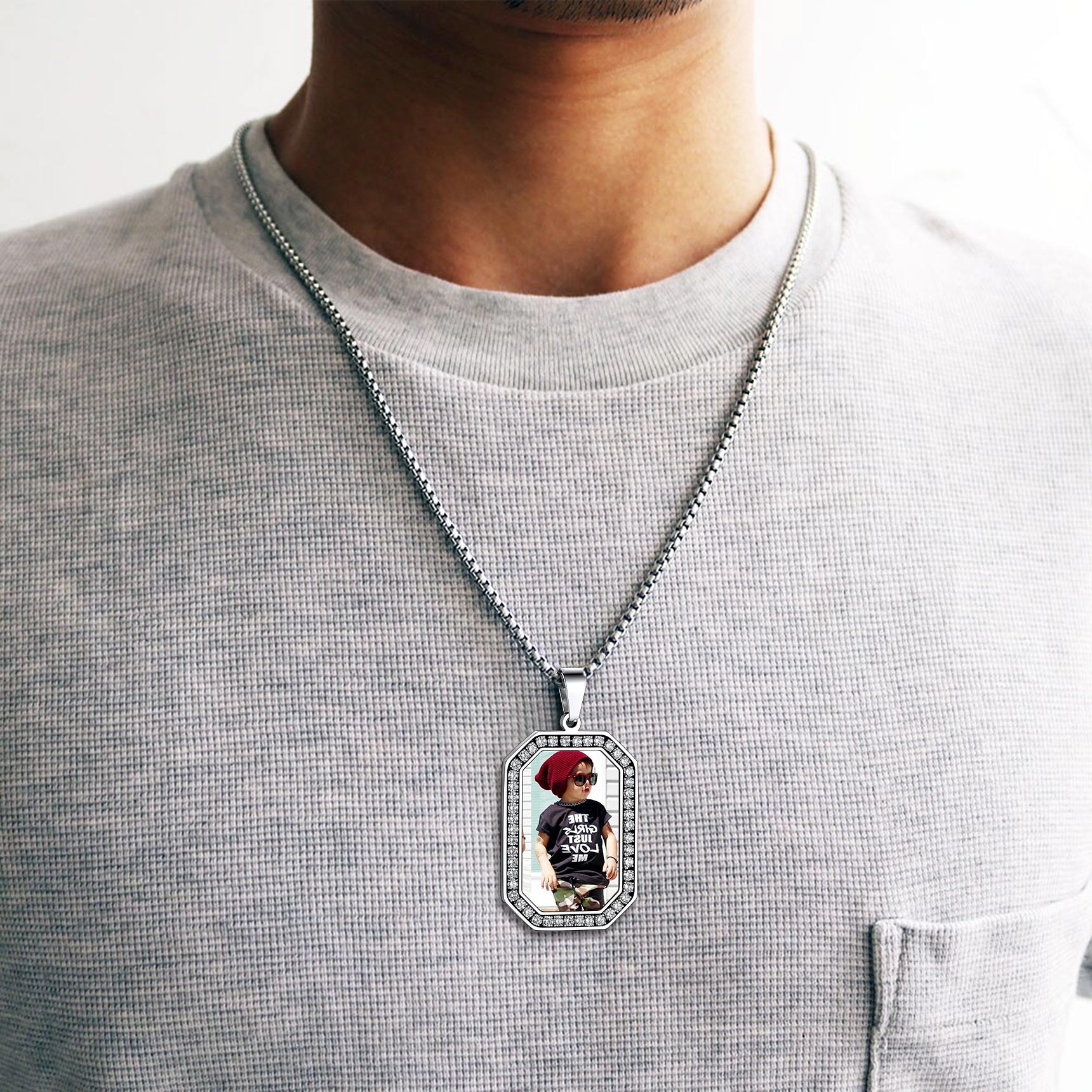 Personalized Photo CZ Pendant Necklace for Men Women model