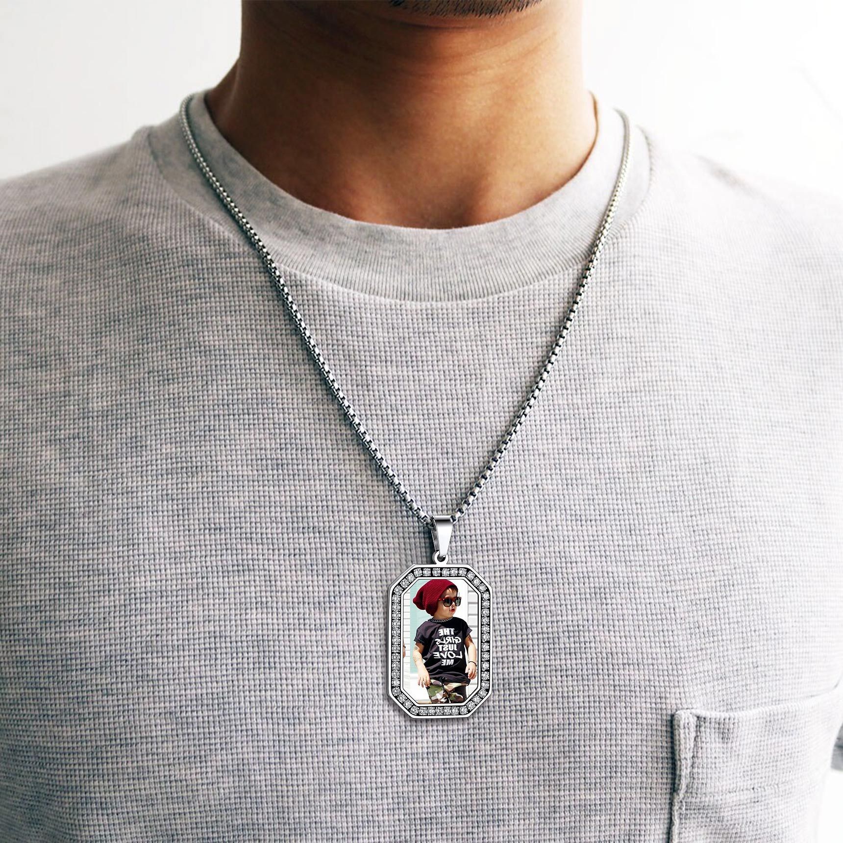 Personalized Photo CZ Pendant Necklace for Men Women model