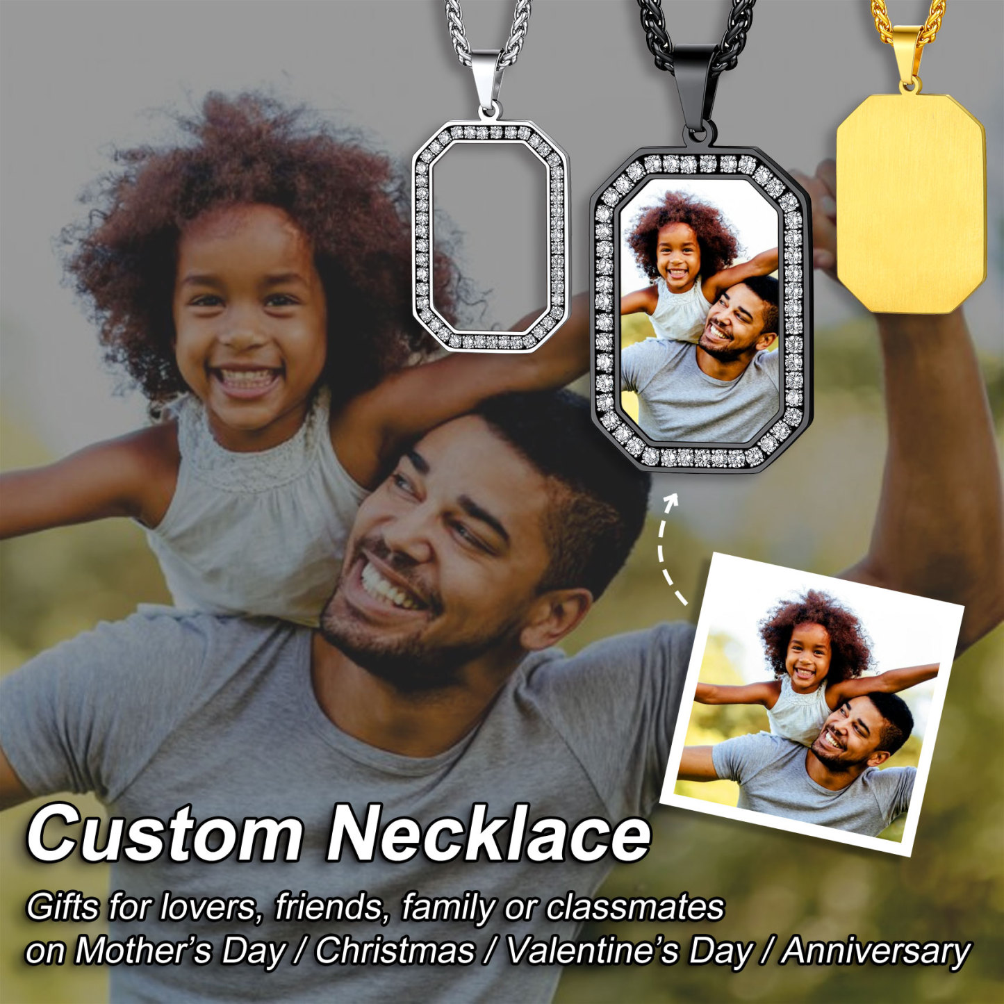 Personalized Photo CZ Pendant Necklace for Men 