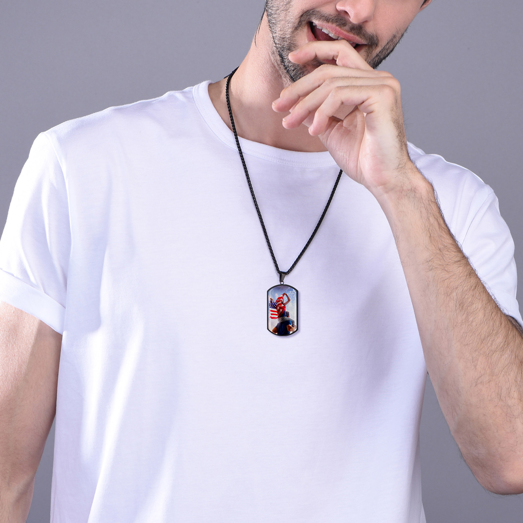 Custom Photo American Flag Patriotic Dog Tag Necklace for Men model