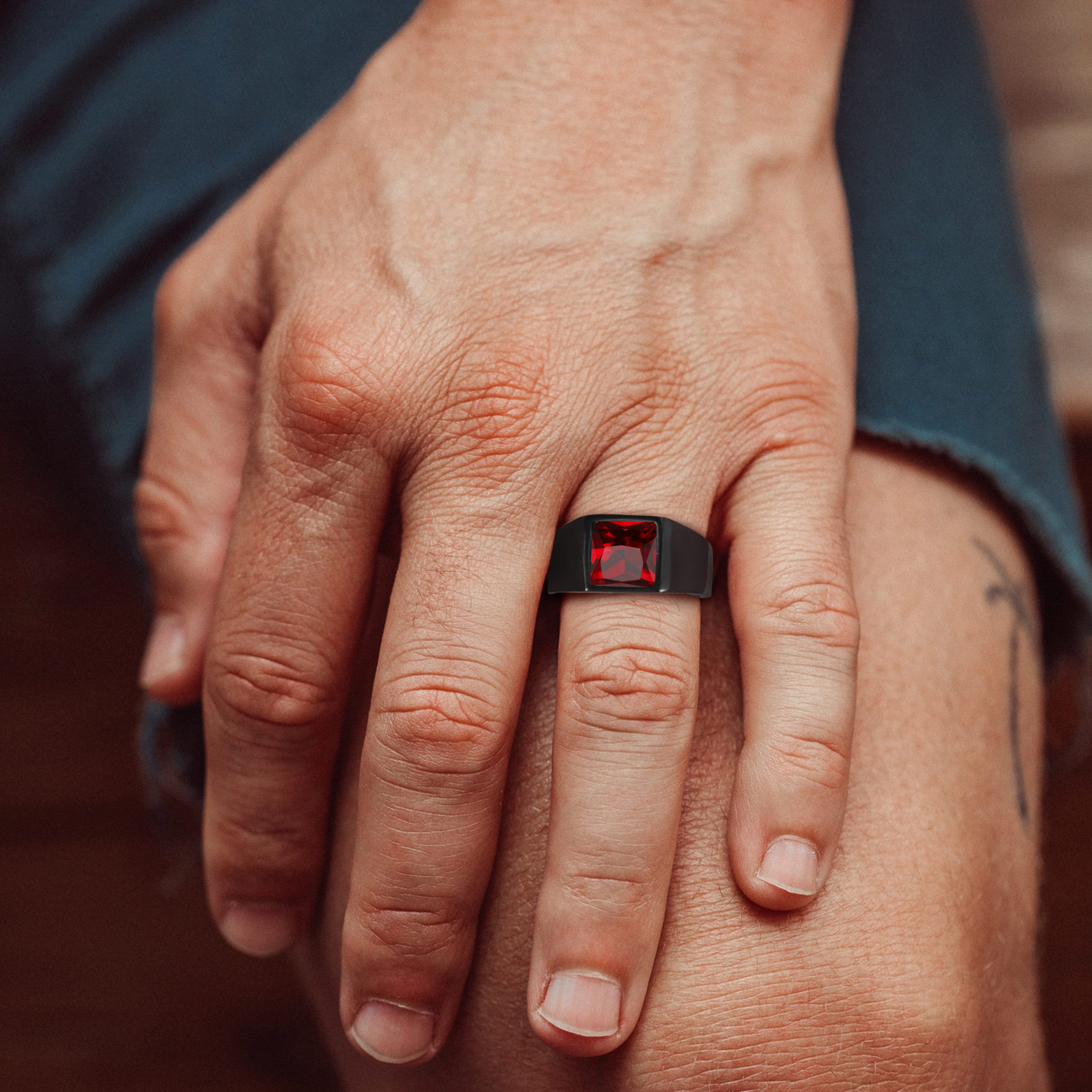 Personalized Square Cut Birthstone Signet Band Ring for Men Model