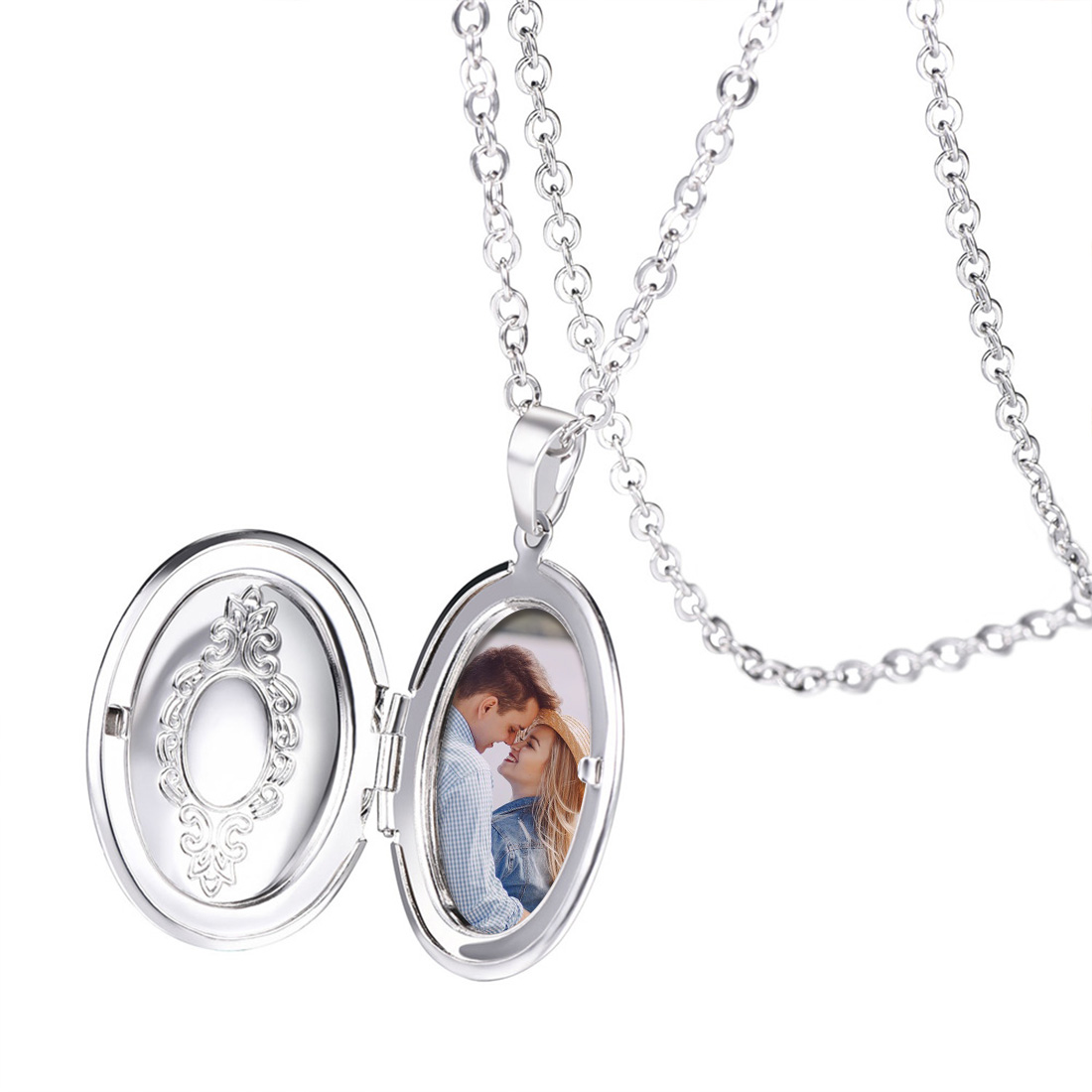Custom Engraved Photo Oval Locket Necklace Gold Plated Copper with Chain