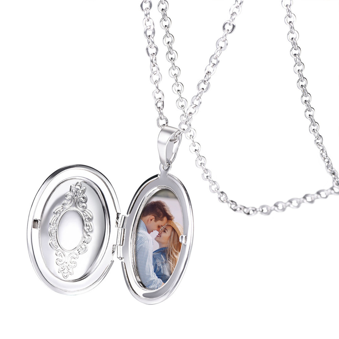 Custom Engraved Photo Oval Locket Necklace Gold Plated Copper with Chain