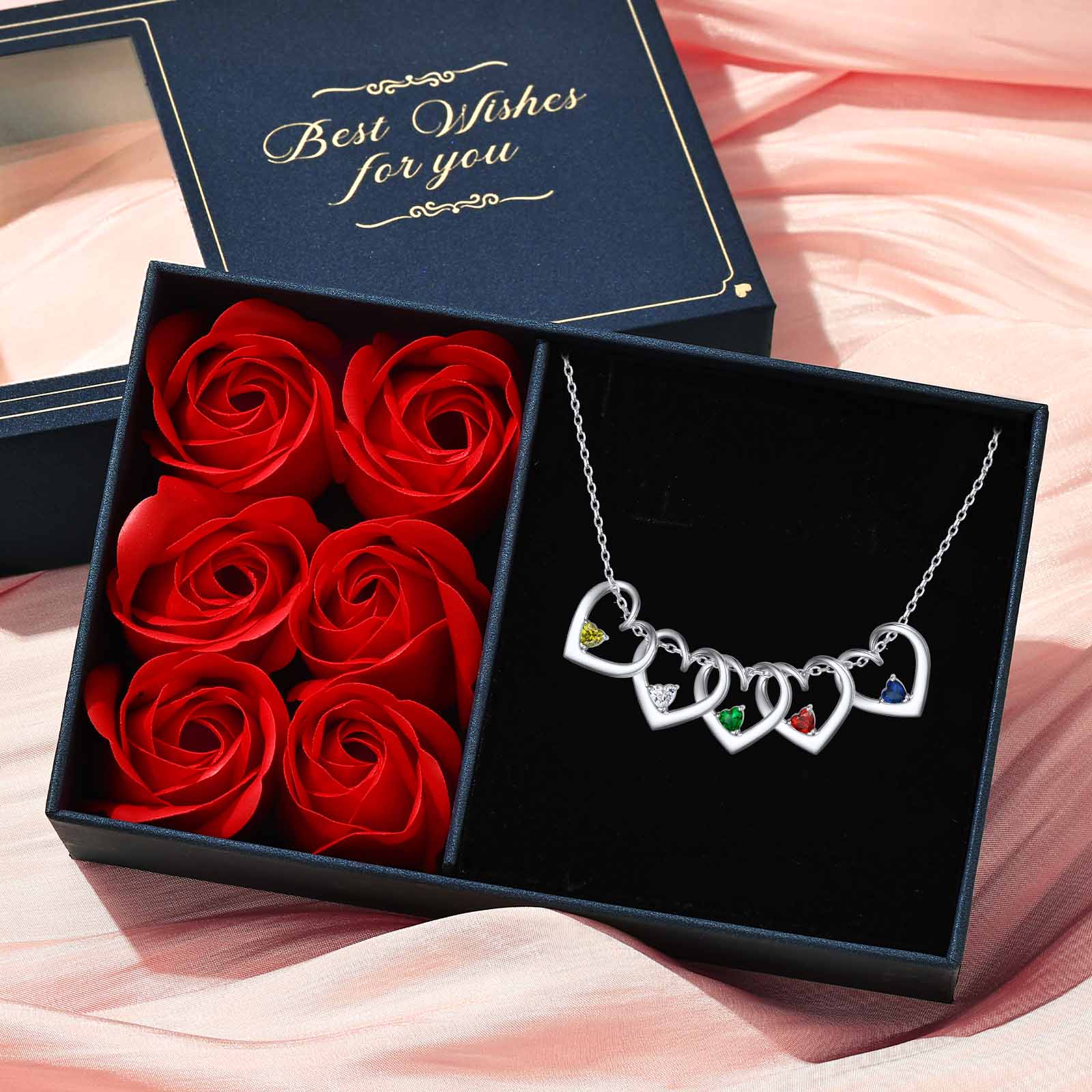 Personalized Name Family Birthstones Necklace With 1-5 Hearts gift