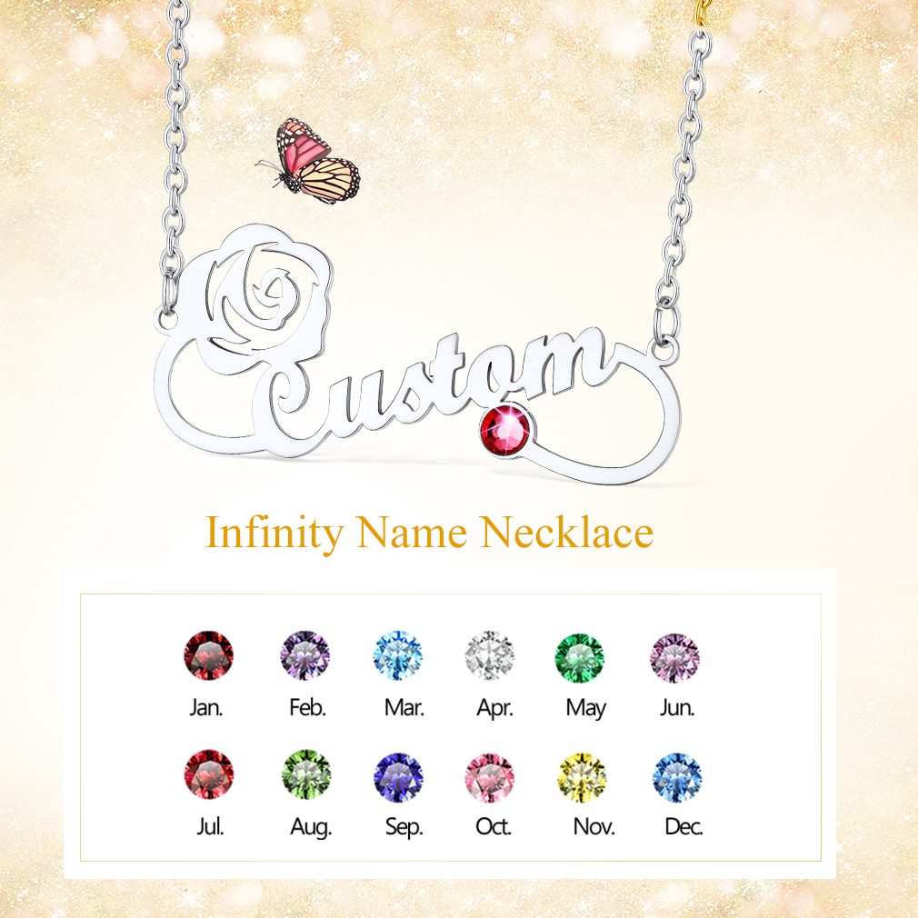 Custom Birthstone Name Engraved Infinity Pendant Necklace for Women 12 month stones