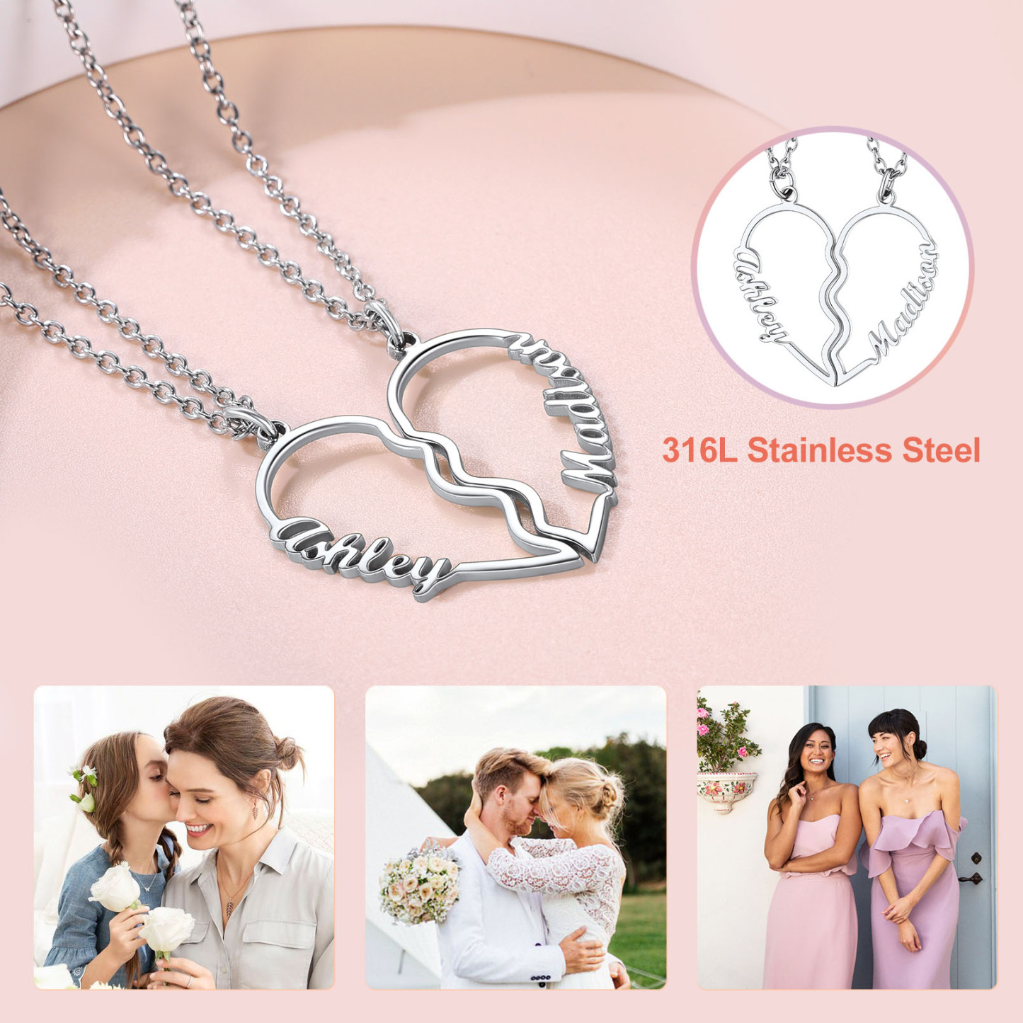 Personalized Name Heart Puzzle Matching Pendant Necklaces stainless steel