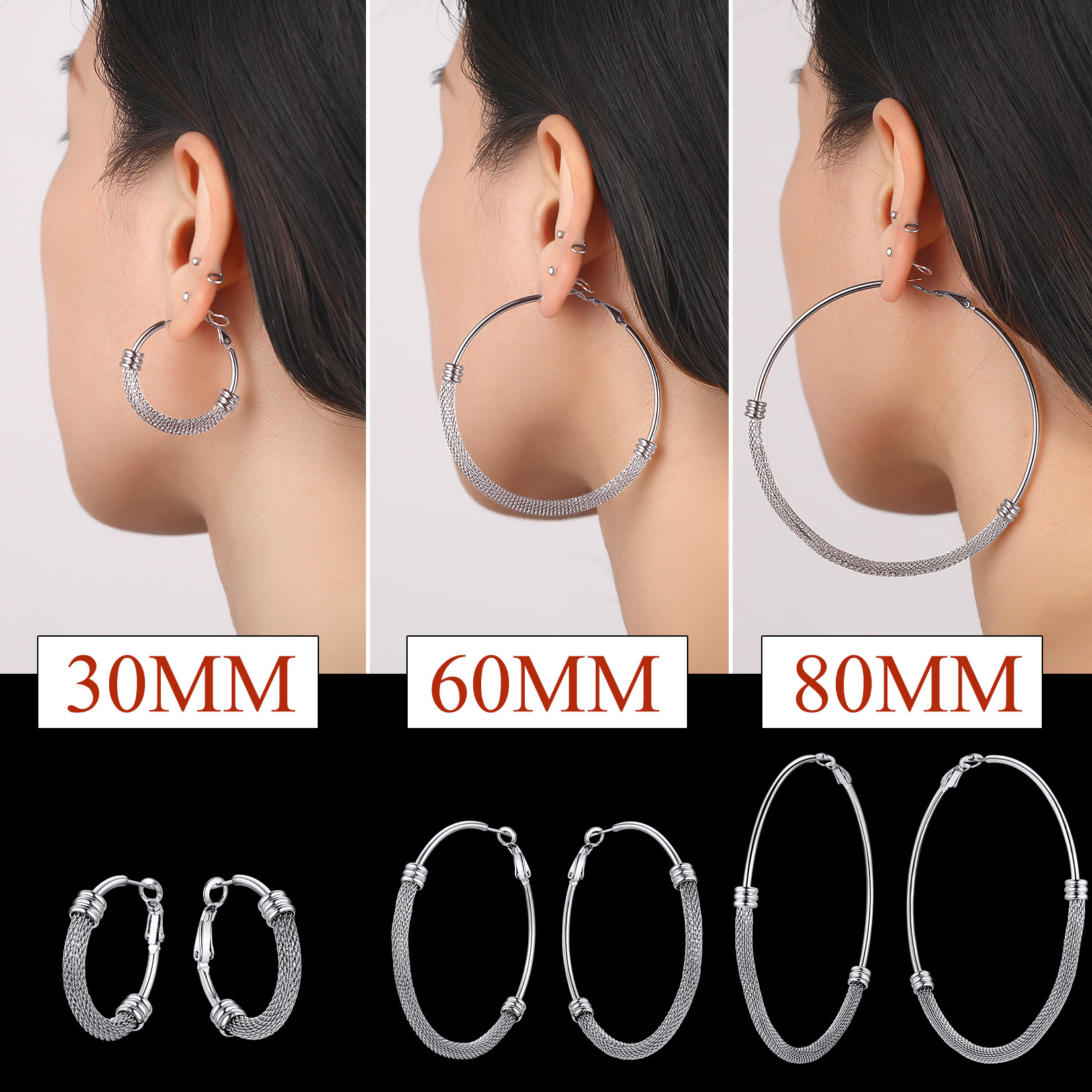 Stainless Steel Trendy Dop Hoop Earrings For Women 30mm/60mm/80mm
