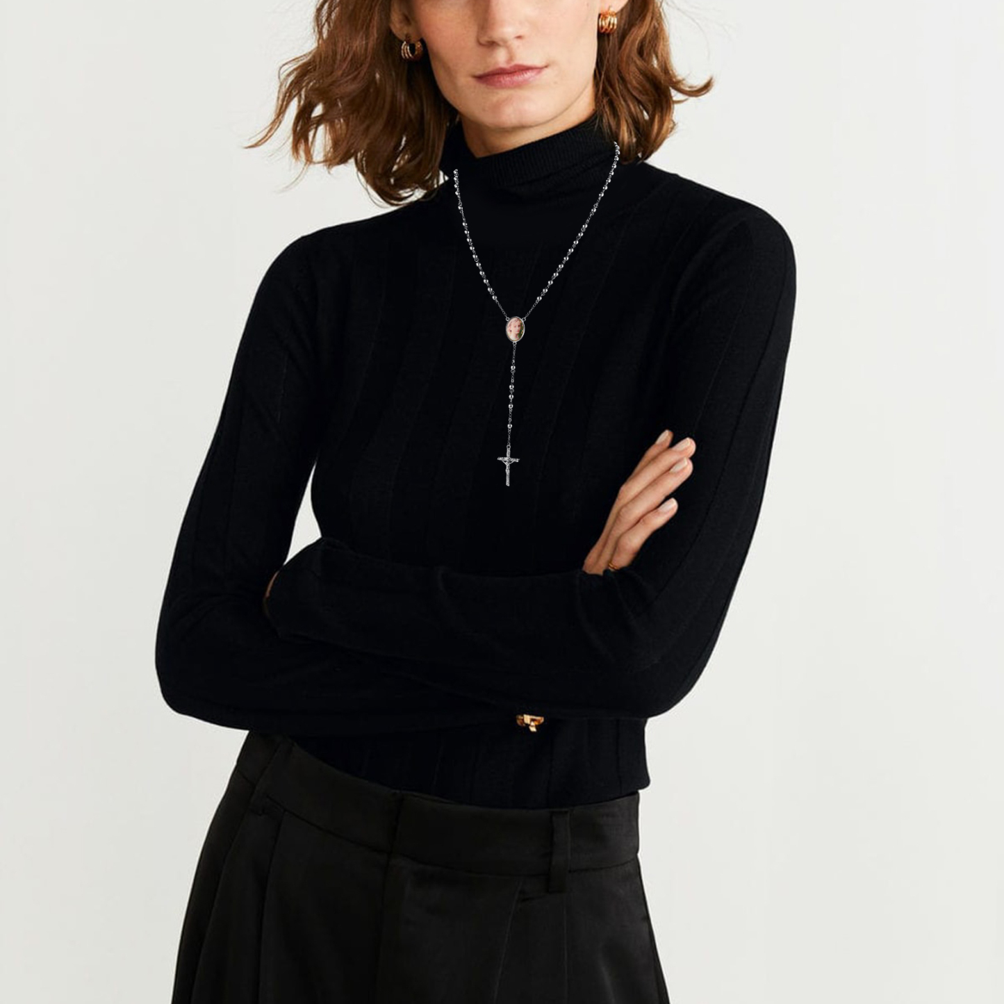 Personalized Cross Rosary Necklace Custom Photo Crucifix Pendant