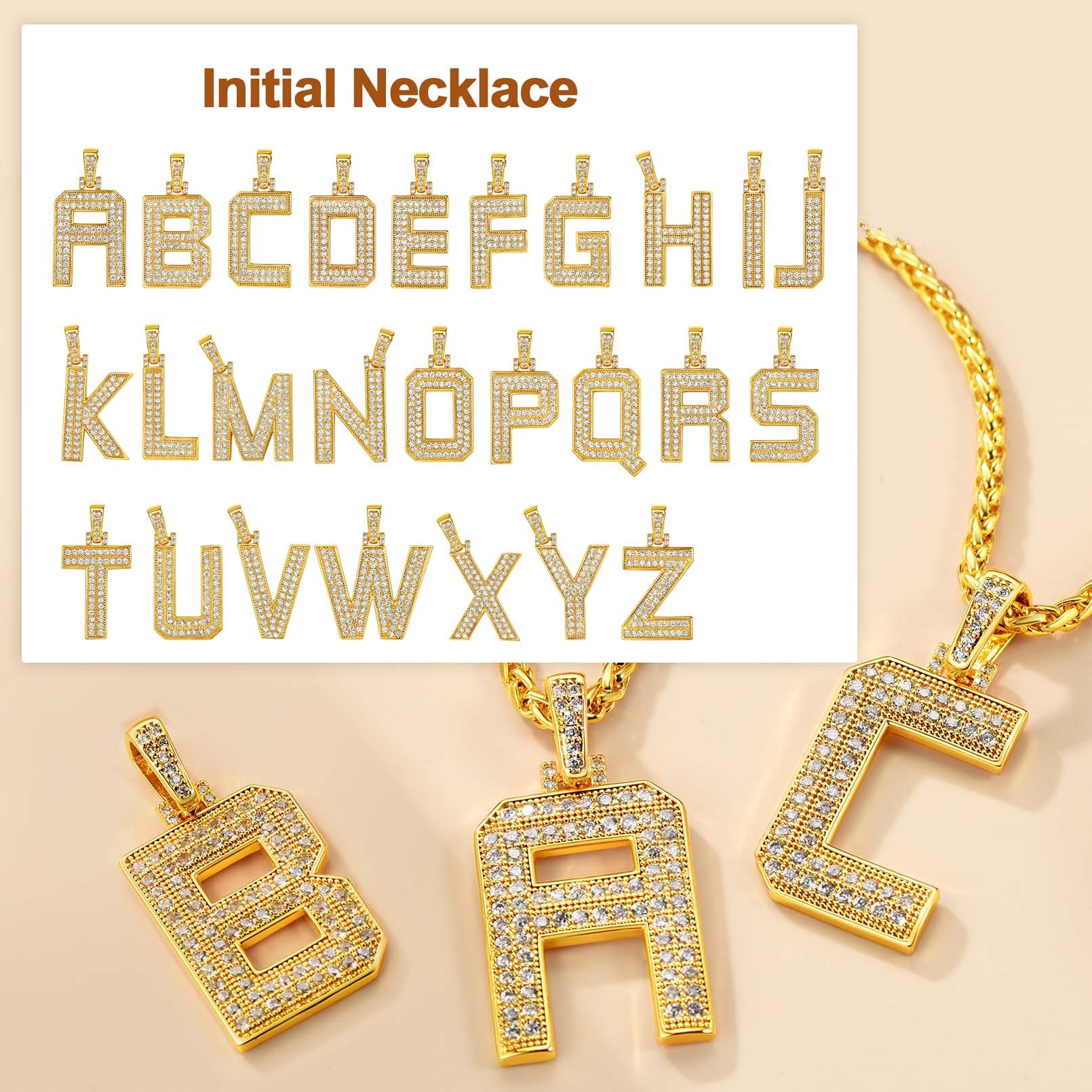 Classic Initial Letter A-Z Pendant Necklace with Full Cubic Zirconia Letters