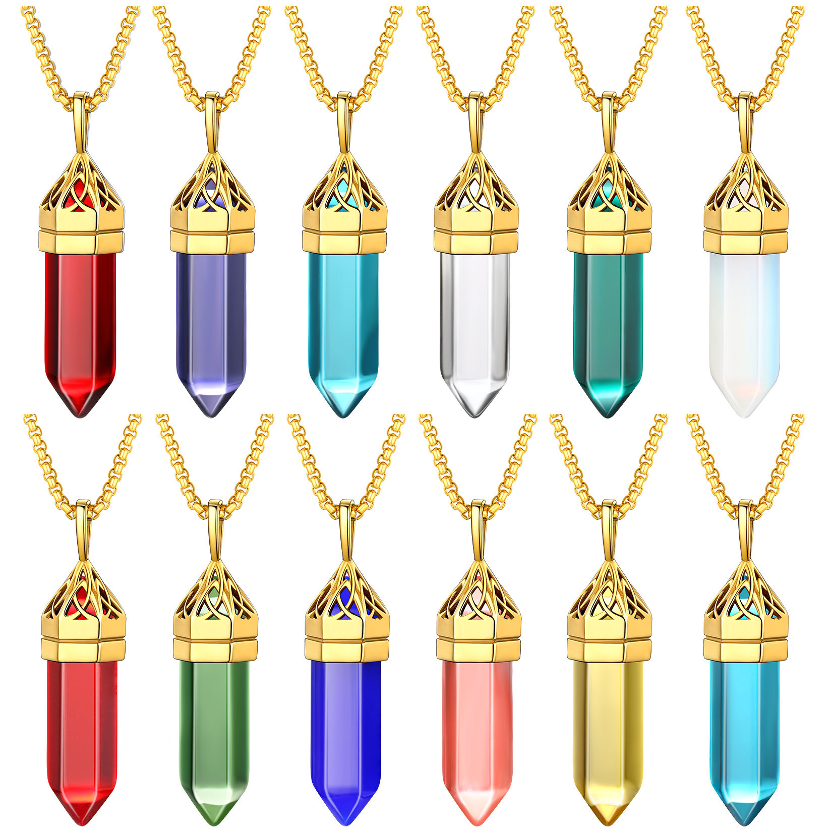 Crystal Pendant Hexagonal Synthetic Birthstone Neckclace  collection gold