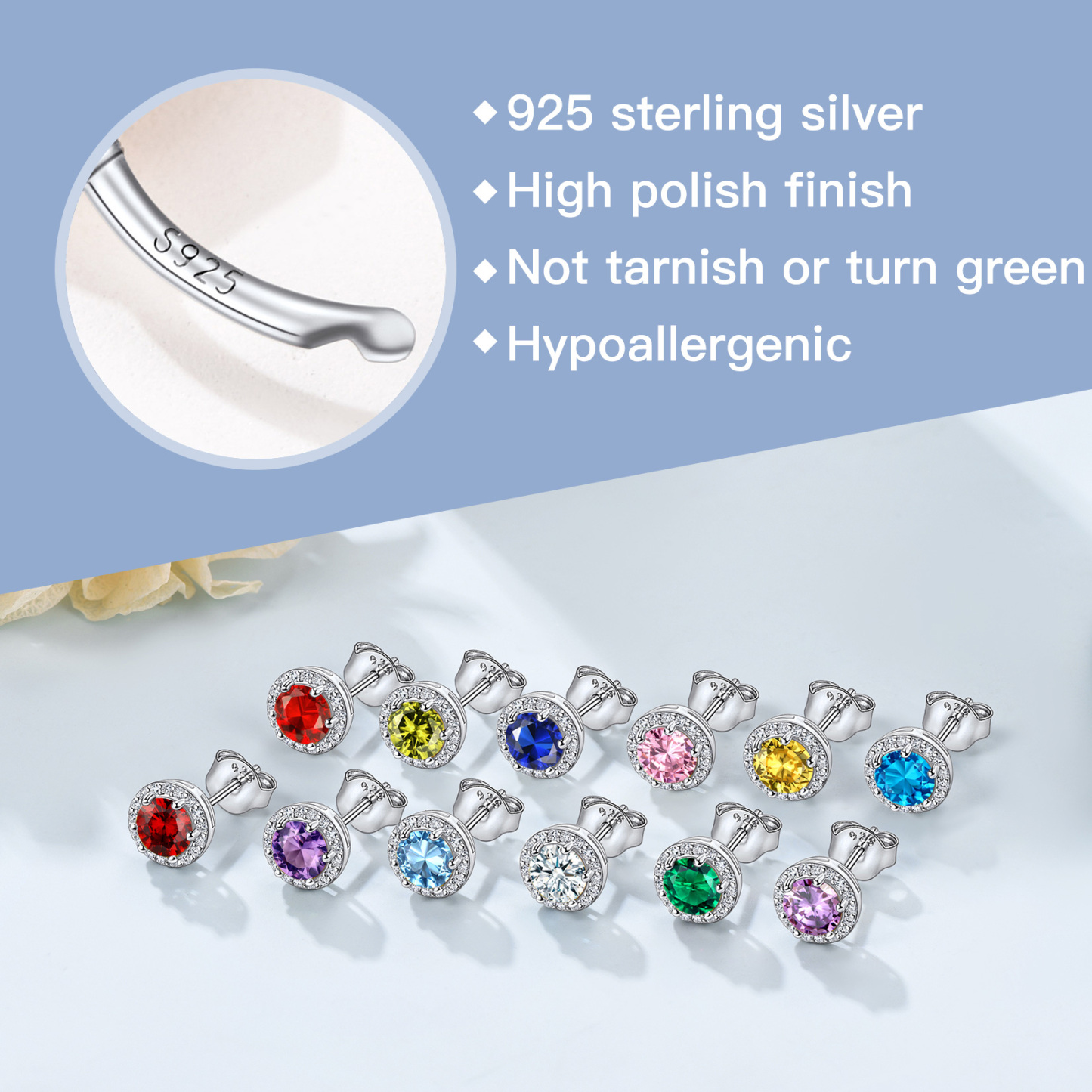 925 Silver Birthstone Round Stud Earrings for Women 