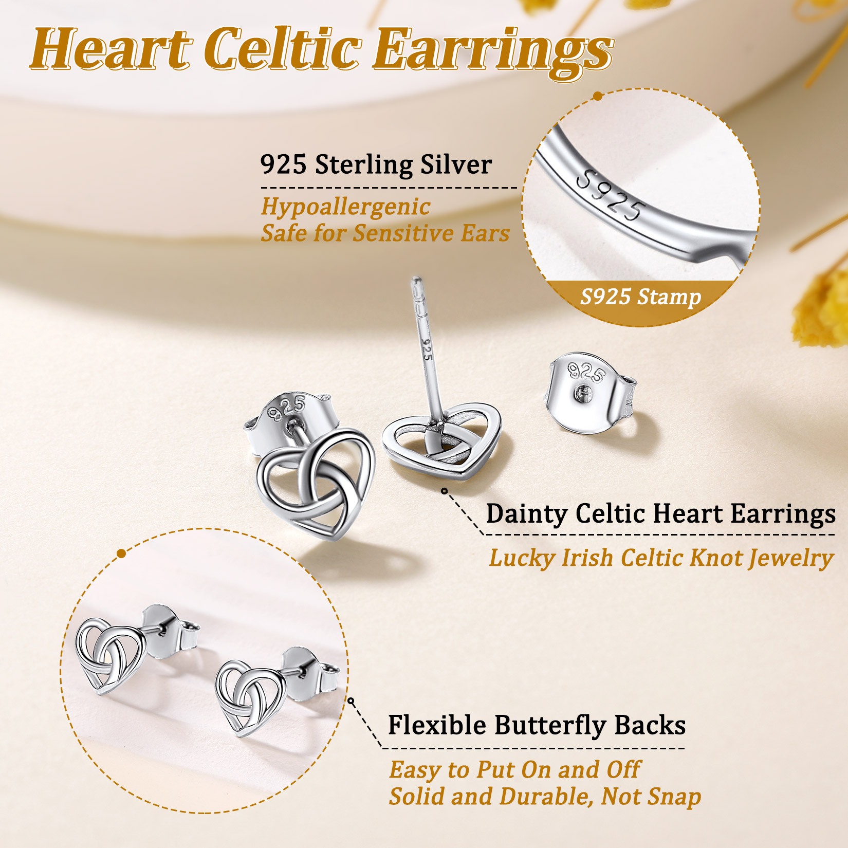 Sterling Silver Heart  Stud Earrings For Women