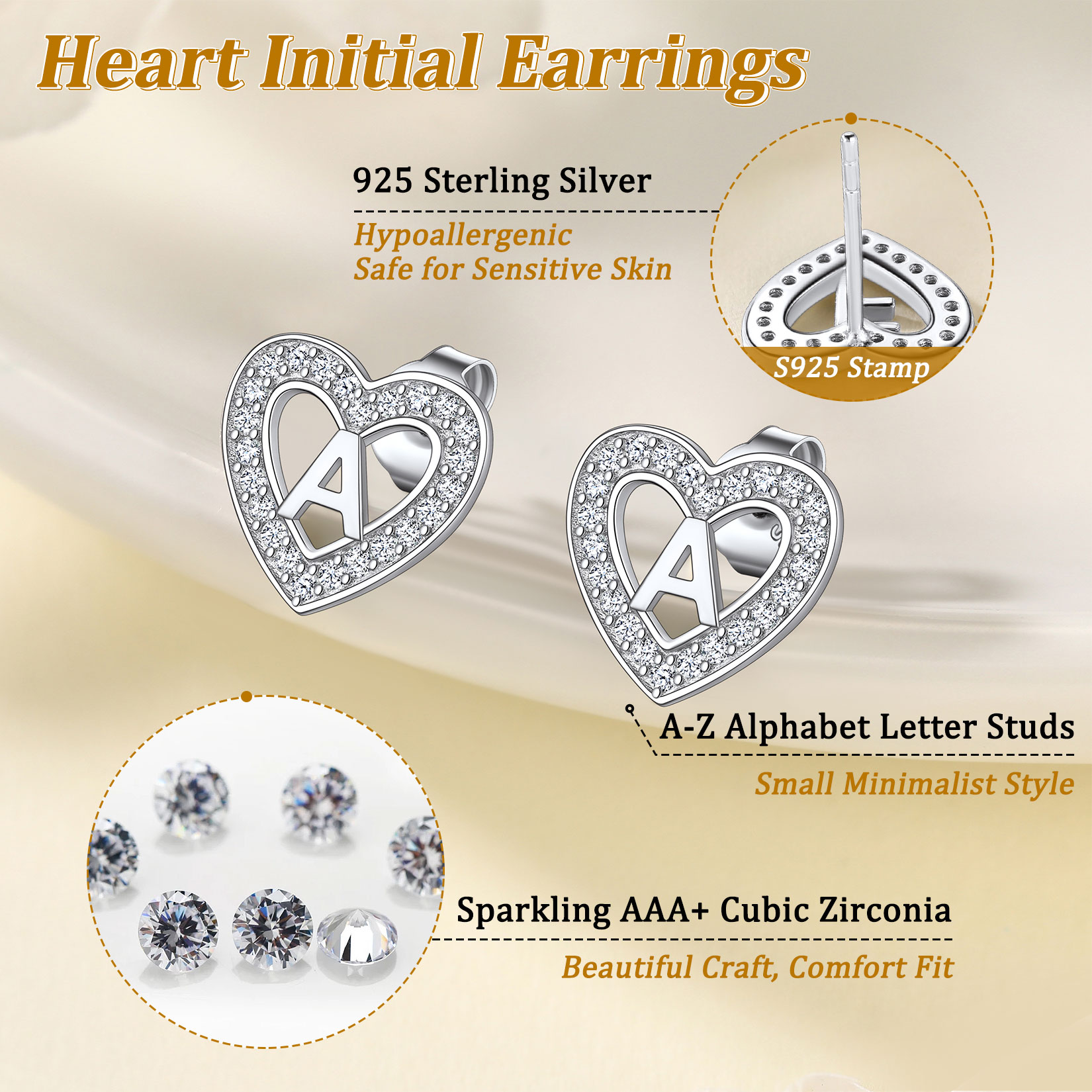 Initial Heart Sterling Silver CZ Stud Earrings for Women 