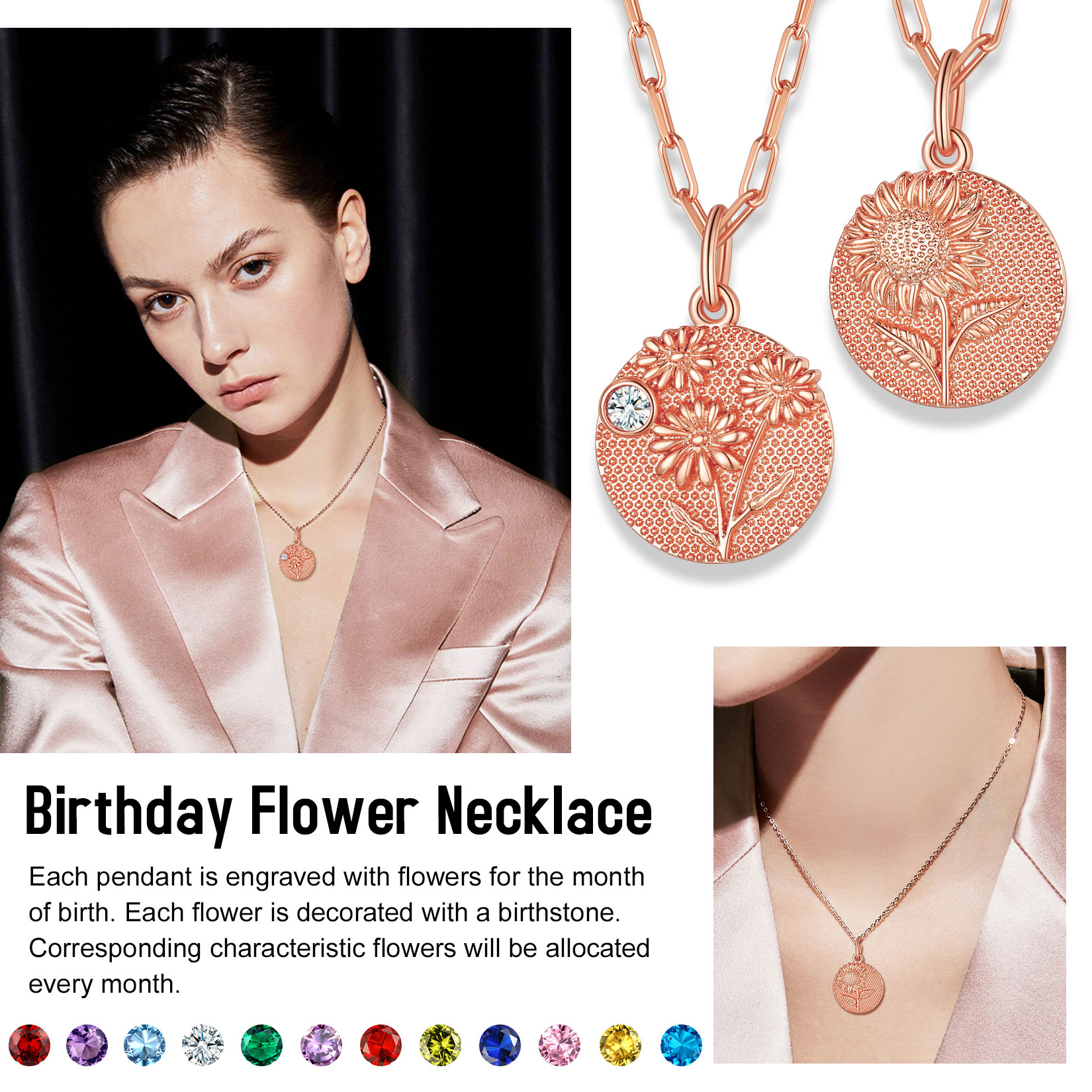 Personalized Birth Flower Birthstone Necklace for women ROSE GOLD