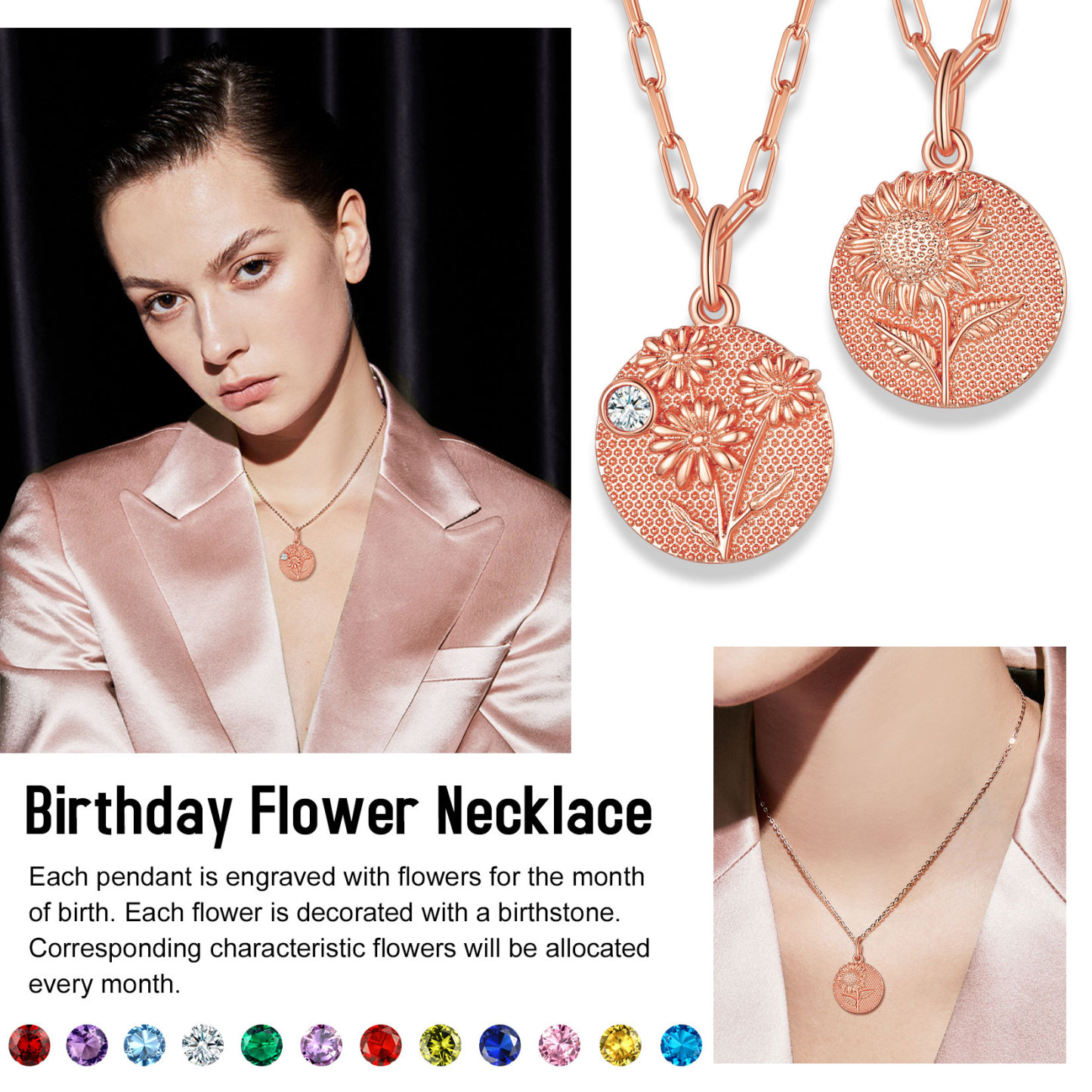 Personalized Birth Flower Birthstone Necklace for women ROSE GOLD