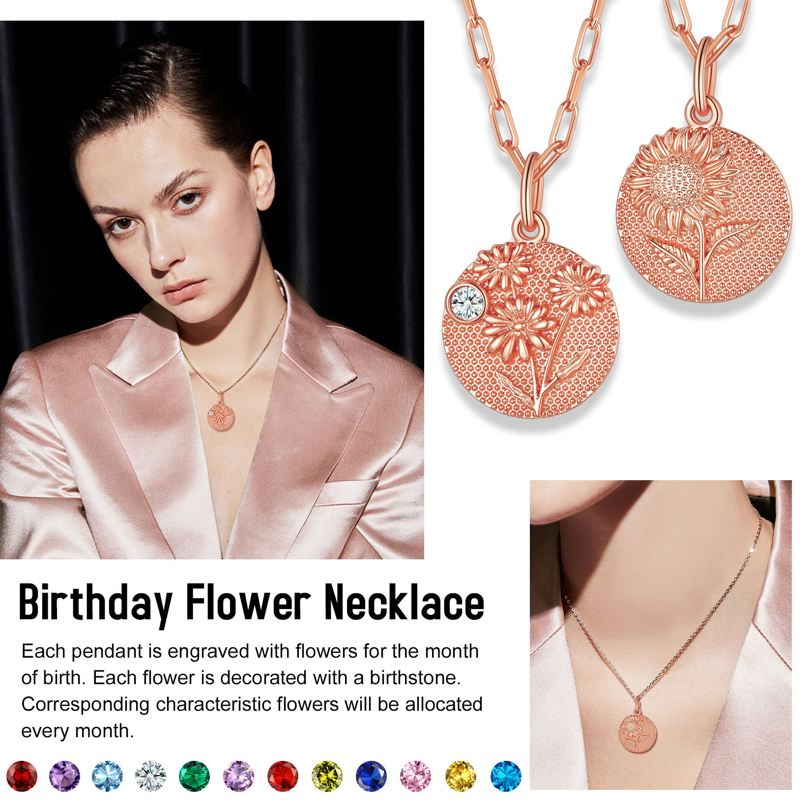 Personalized Birth Flower Birthstone Necklace for women ROSE GOLD