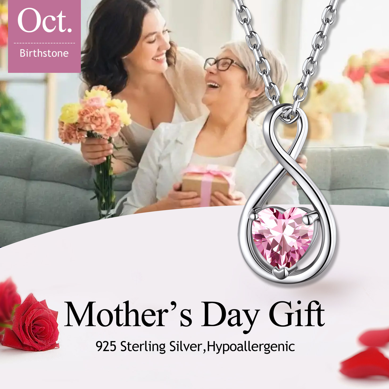  Birthstone Infinity Sterling Silver Pendant Necklace for Women gift for mom