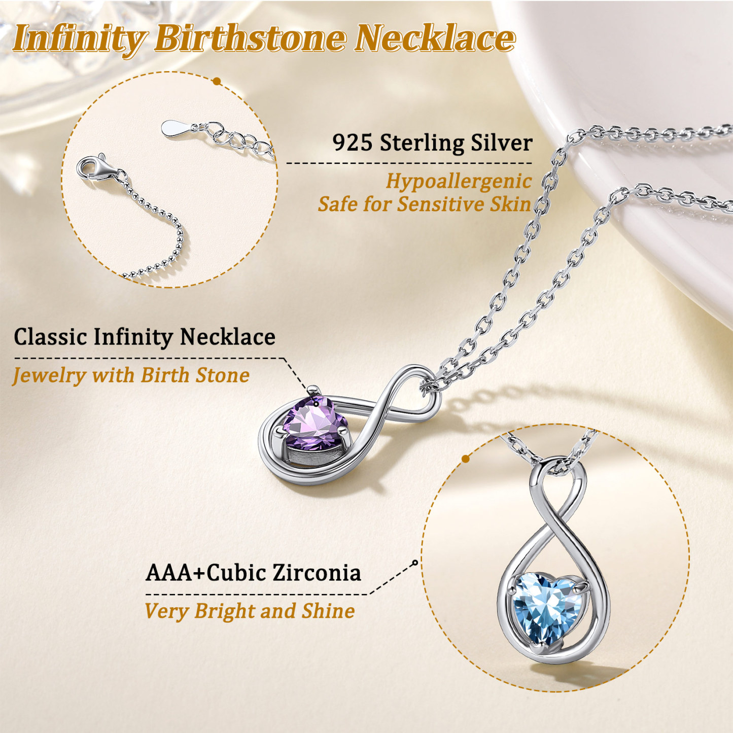  Birthstone Infinity Sterling Silver Pendant Necklace for Women detail