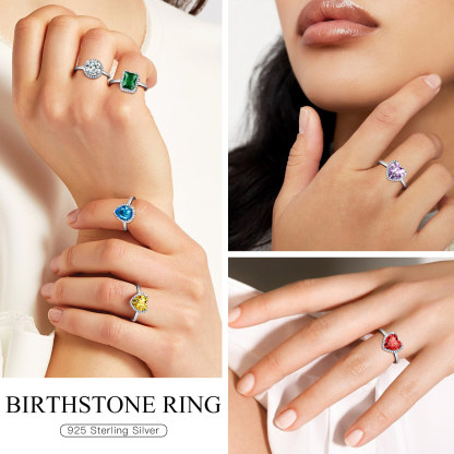 925 Sterling Silver Heart Halo Birthstone Adjustable Rings for Women model show