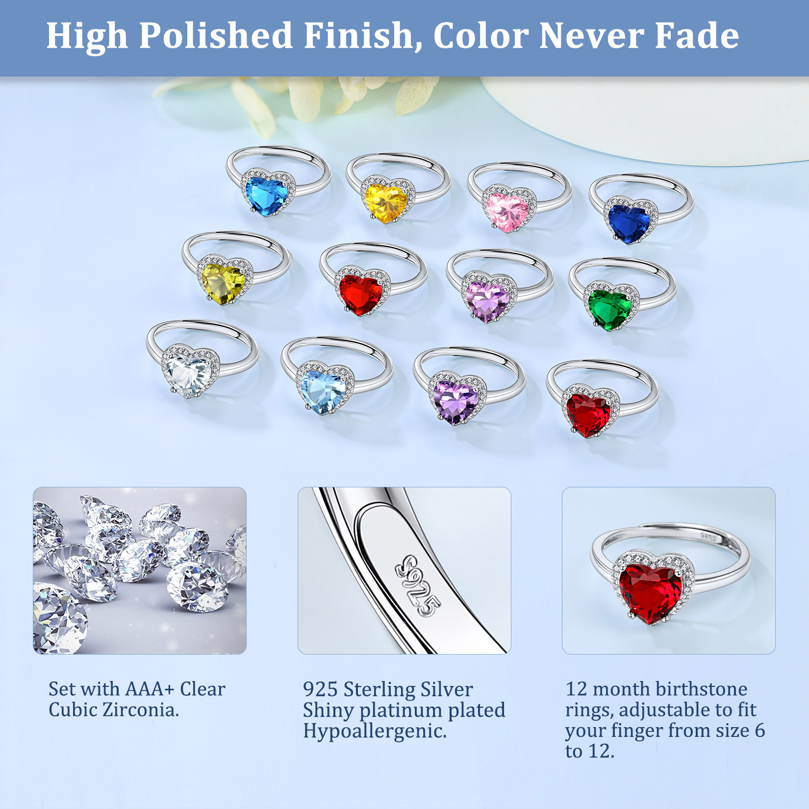925 Sterling Silver Heart Halo Birthstone Adjustable Rings for Women detail