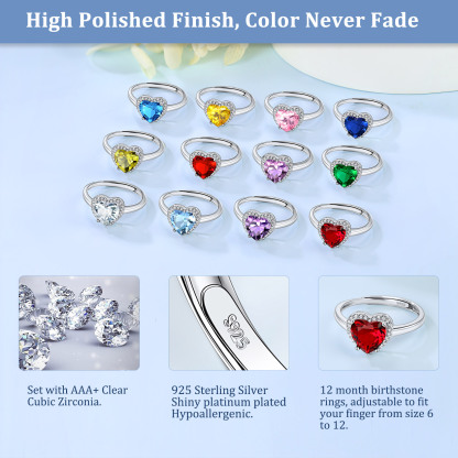 925 Sterling Silver Heart Halo Birthstone Adjustable Rings for Women detail
