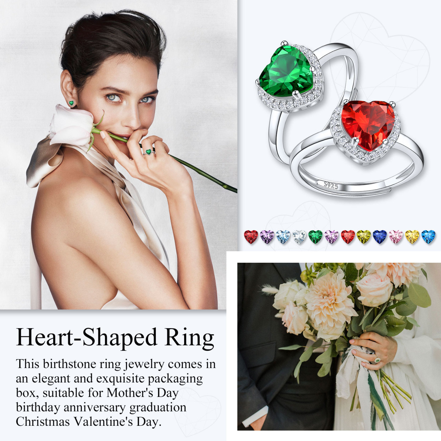 925 Sterling Silver Heart Halo Birthstone Adjustable Rings for Women scene