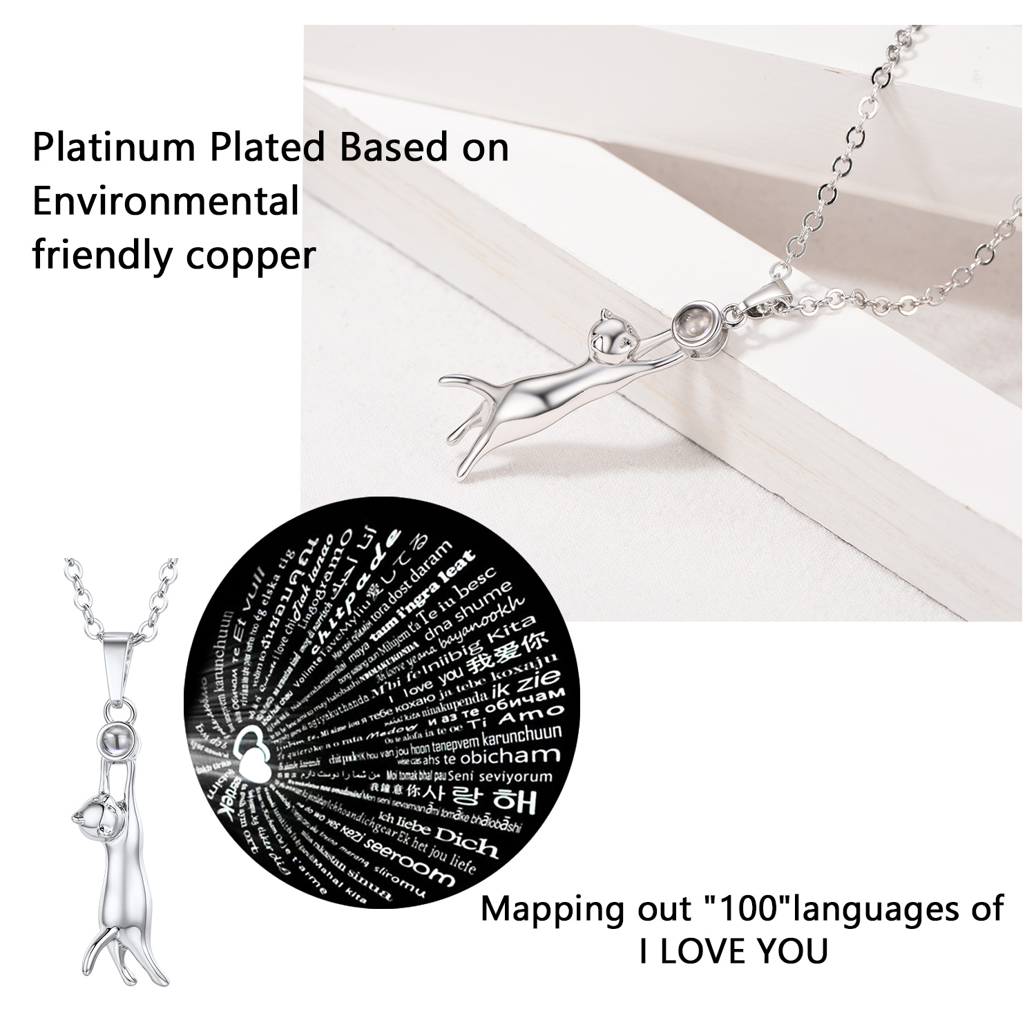 Copper Projection Cat Pendant Necklace Jewelry Gift for Women projection