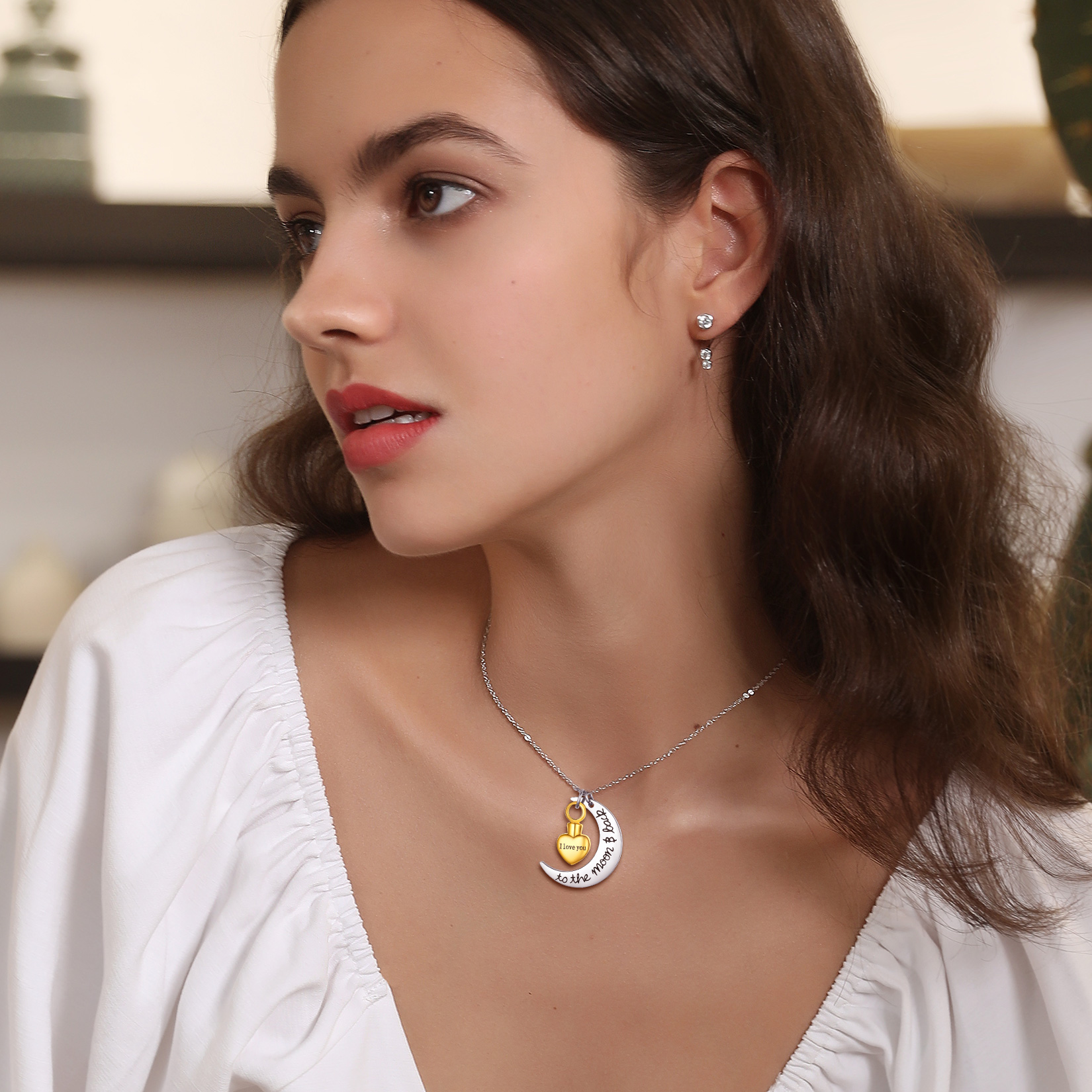 Personalized Moon Heart Urn Necklaces for Ashes Cremation for women