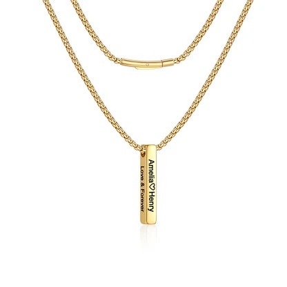 Engraved Vertical Pillar Bar Necklace for Men Women