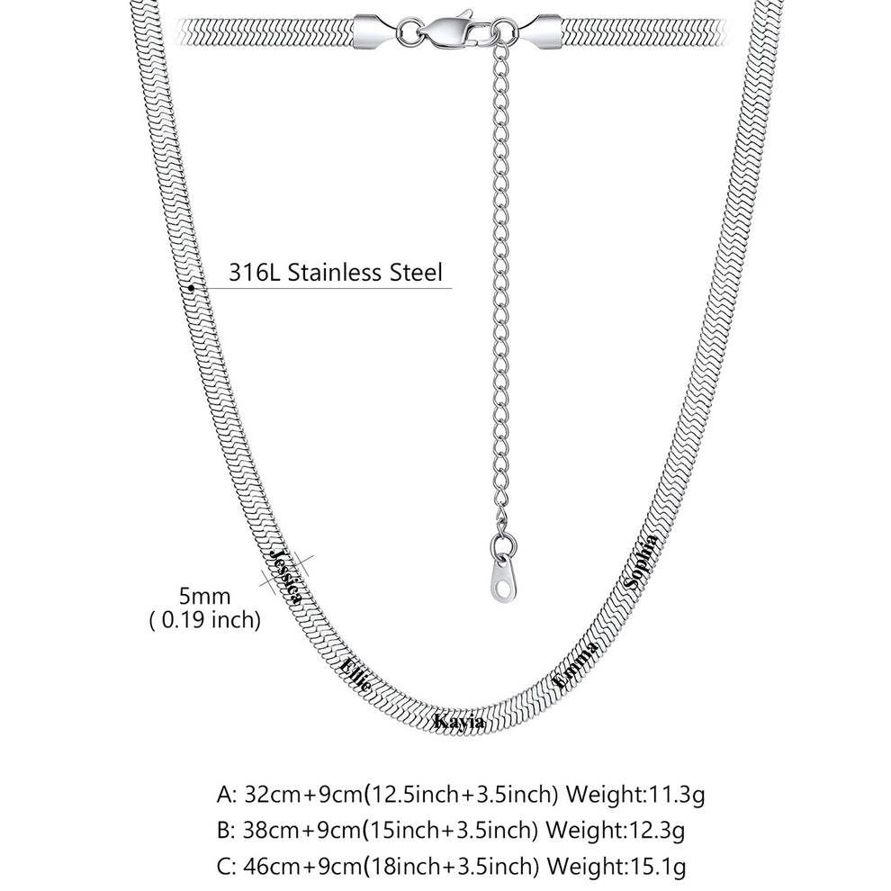 5mm Custom Engraved Multiple Names Herringbone Chain Necklace  Size