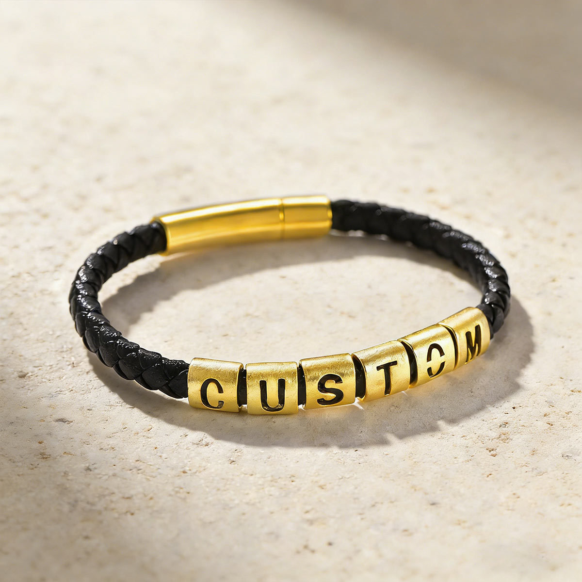 Personalized Gold Leather Bracelet with Initial Beads Name