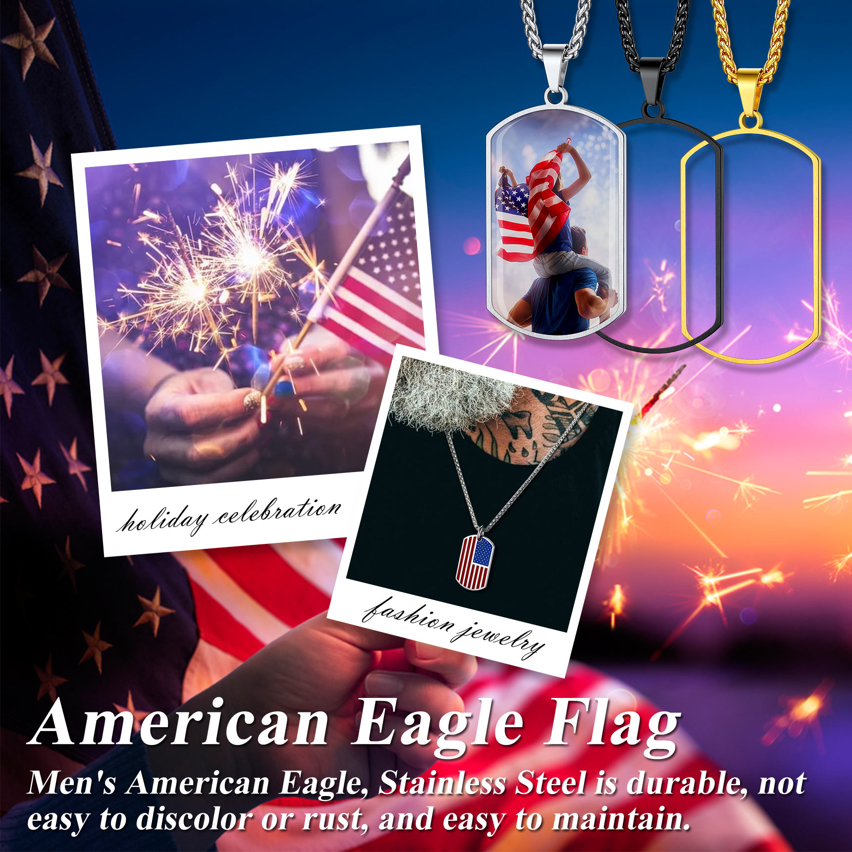 Custom Photo American Flag Patriotic Dog Tag Pendant Necklace for Men