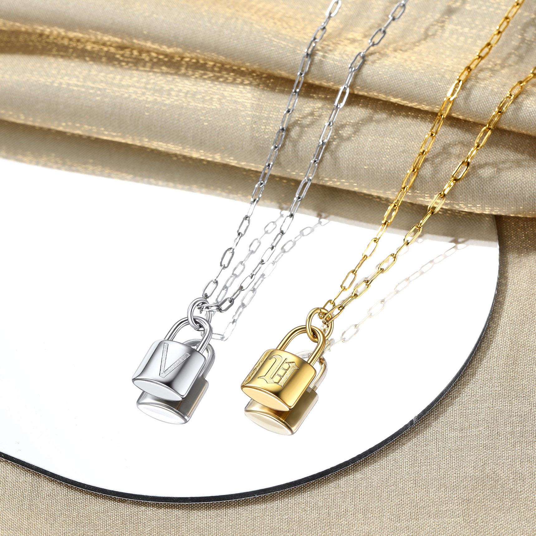 Lock Initial Necklace for Women Stainless Steel Paperclip Chain Padlock color