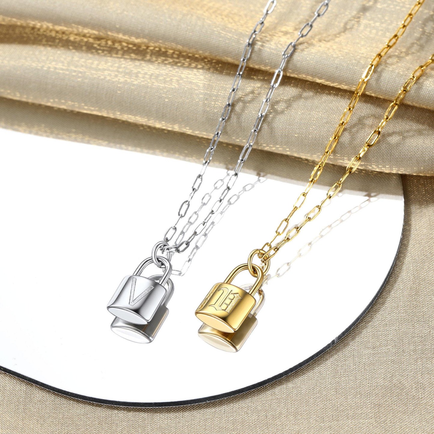 Lock Initial Necklace for Women Stainless Steel Paperclip Chain Padlock color