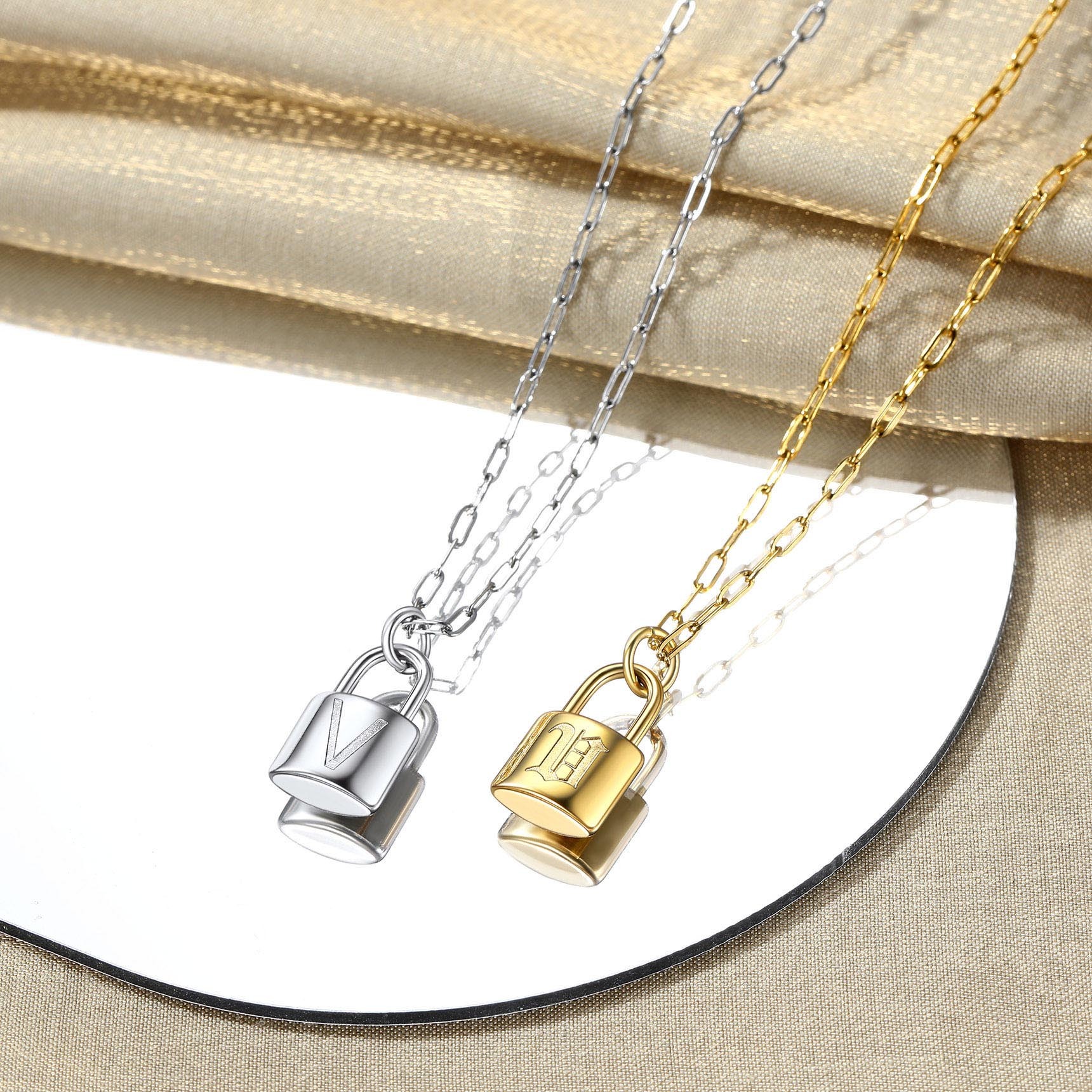 Lock Initial Necklace for Women Stainless Steel Paperclip Chain Padlock color