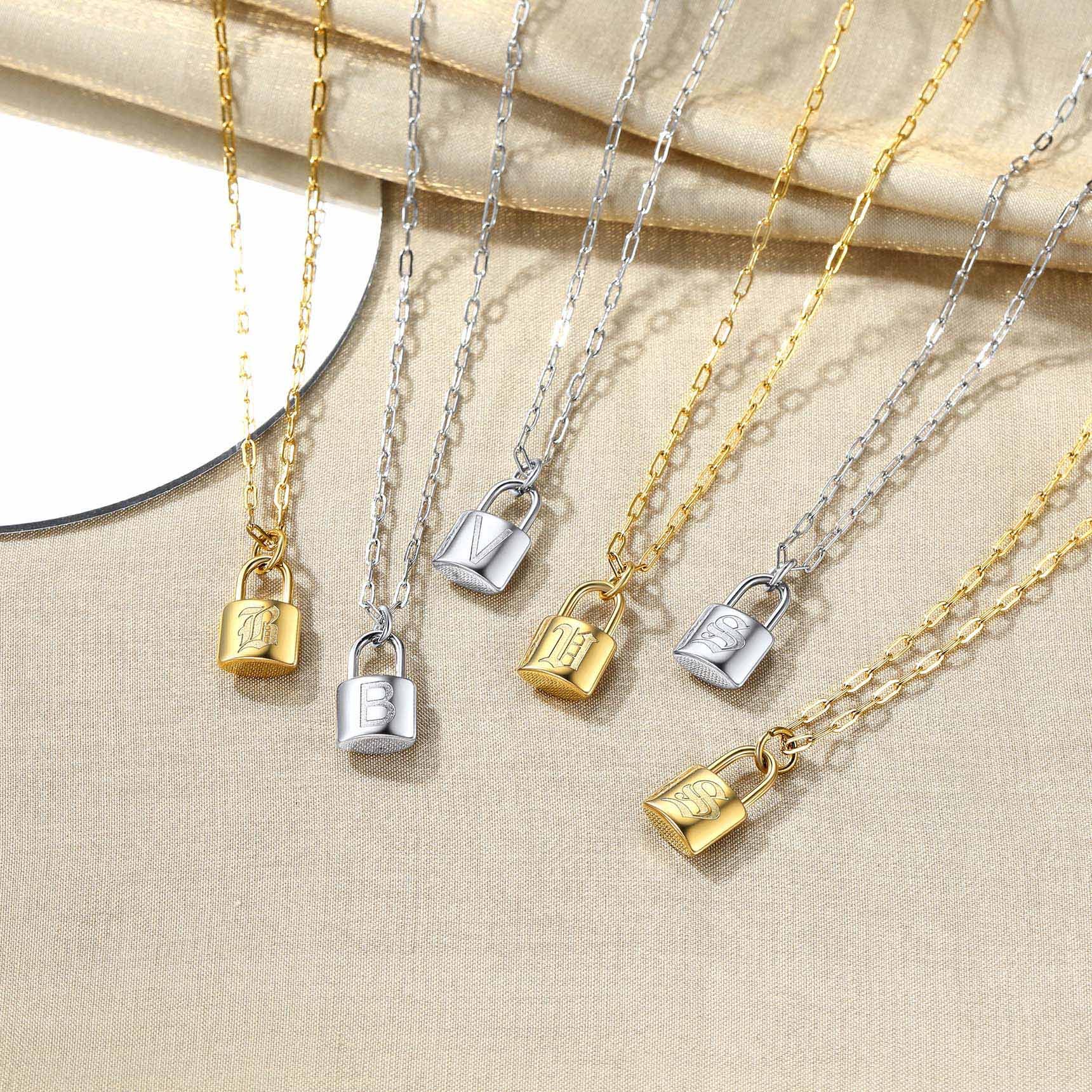 Lock Initial Necklace for Women Stainless Steel Paperclip Chain Padlock color