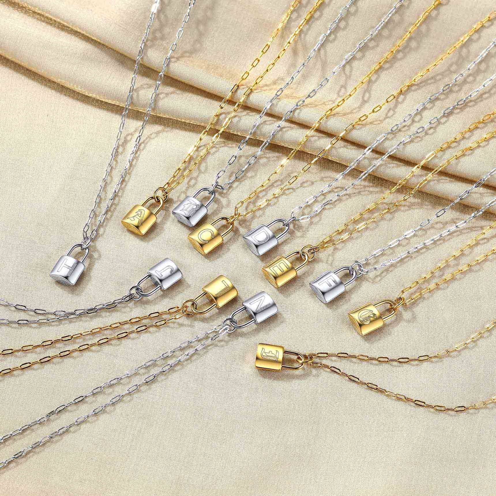 Lock Initial Necklace for Women Stainless Steel Paperclip Chain Padlock color