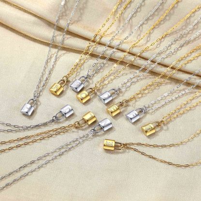 Lock Initial Necklace for Women Stainless Steel Paperclip Chain Padlock color