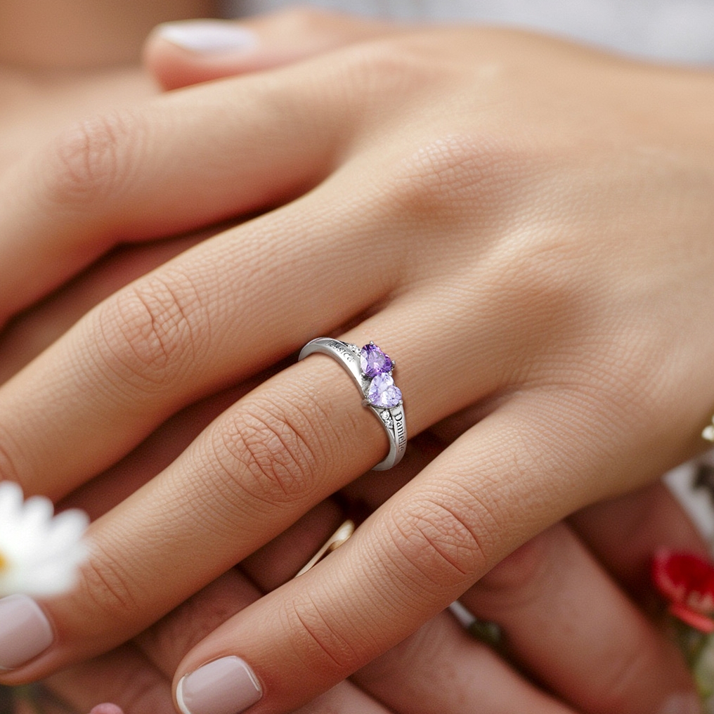 Personalized  Sterling Silver Heart 1-4 Birthstones Promise Ring for Her Mom Ring