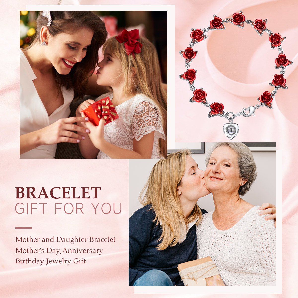 Heart Photo Projection Red Rose Link Bracelets Romantic Gift 