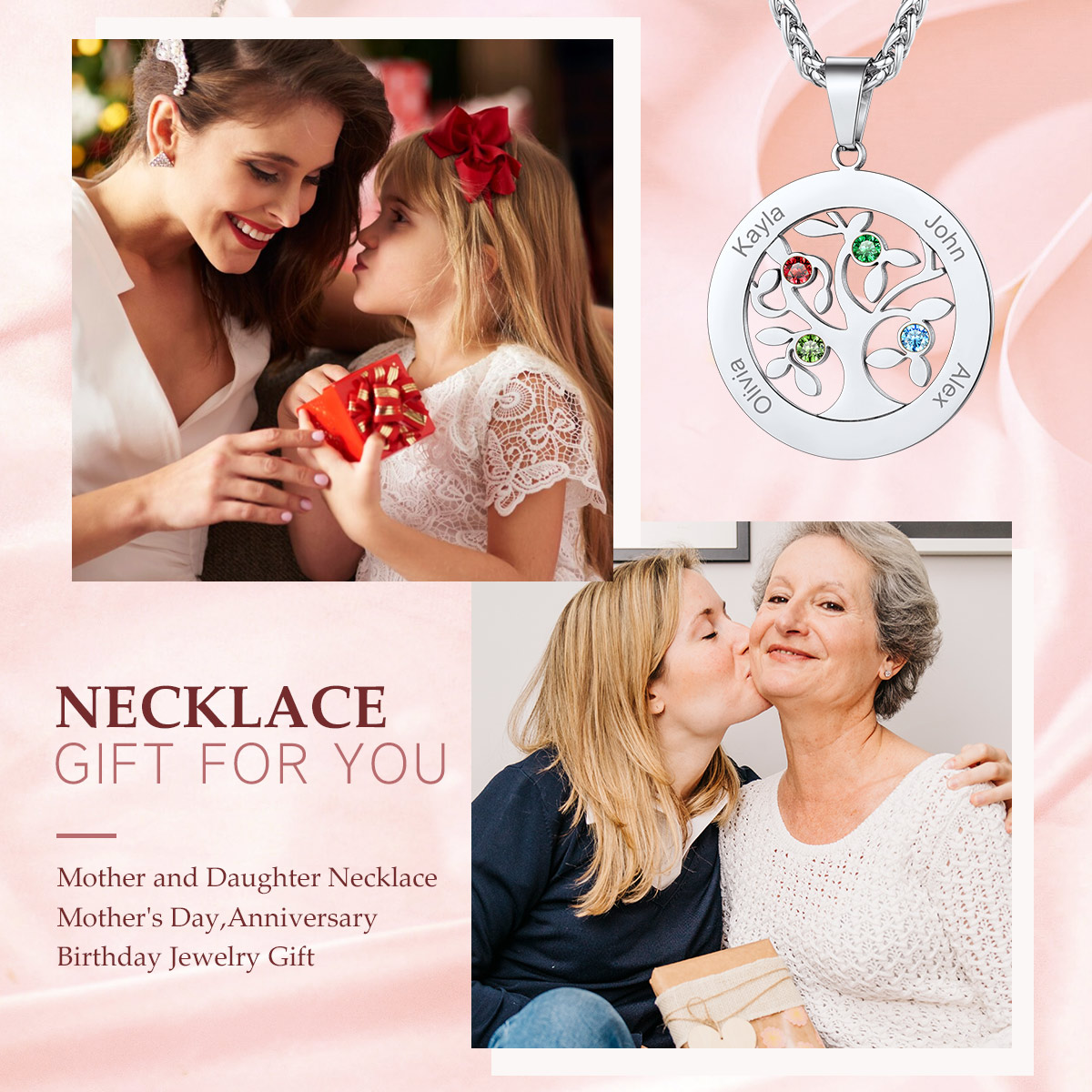  Personalized Family Tree Pendant Necklaces with 2-7 Names and Birthstones gift