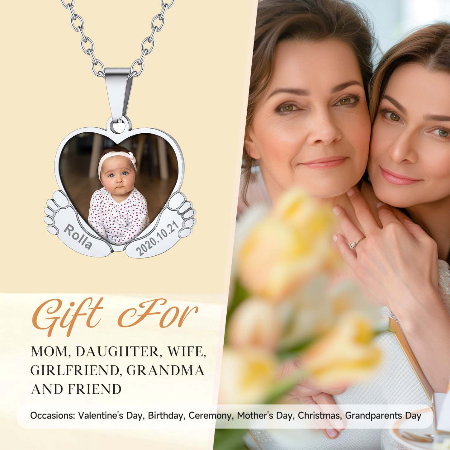 Custom4U Personalized Heart Baby Feet Photo Necklace with Names