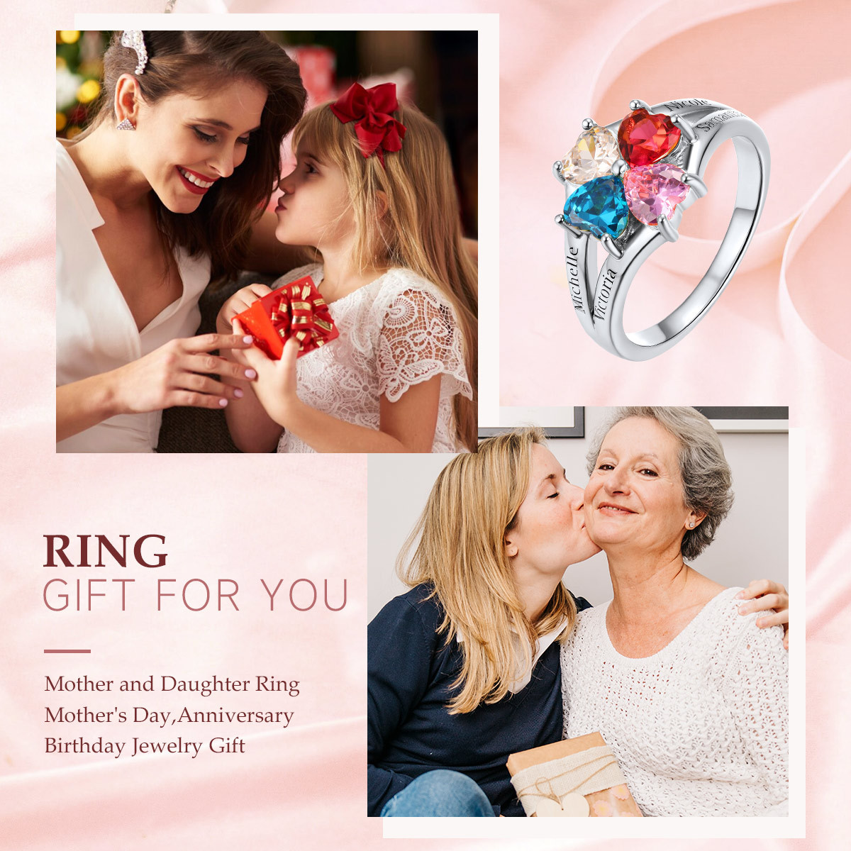 Personalized Birthstone Engraved Ring for Mom Mother's Day Gift