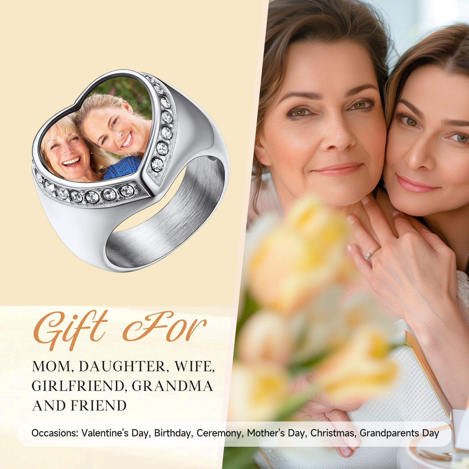 Personalized Heart Shape Signet Photo Rings for Men Women gift