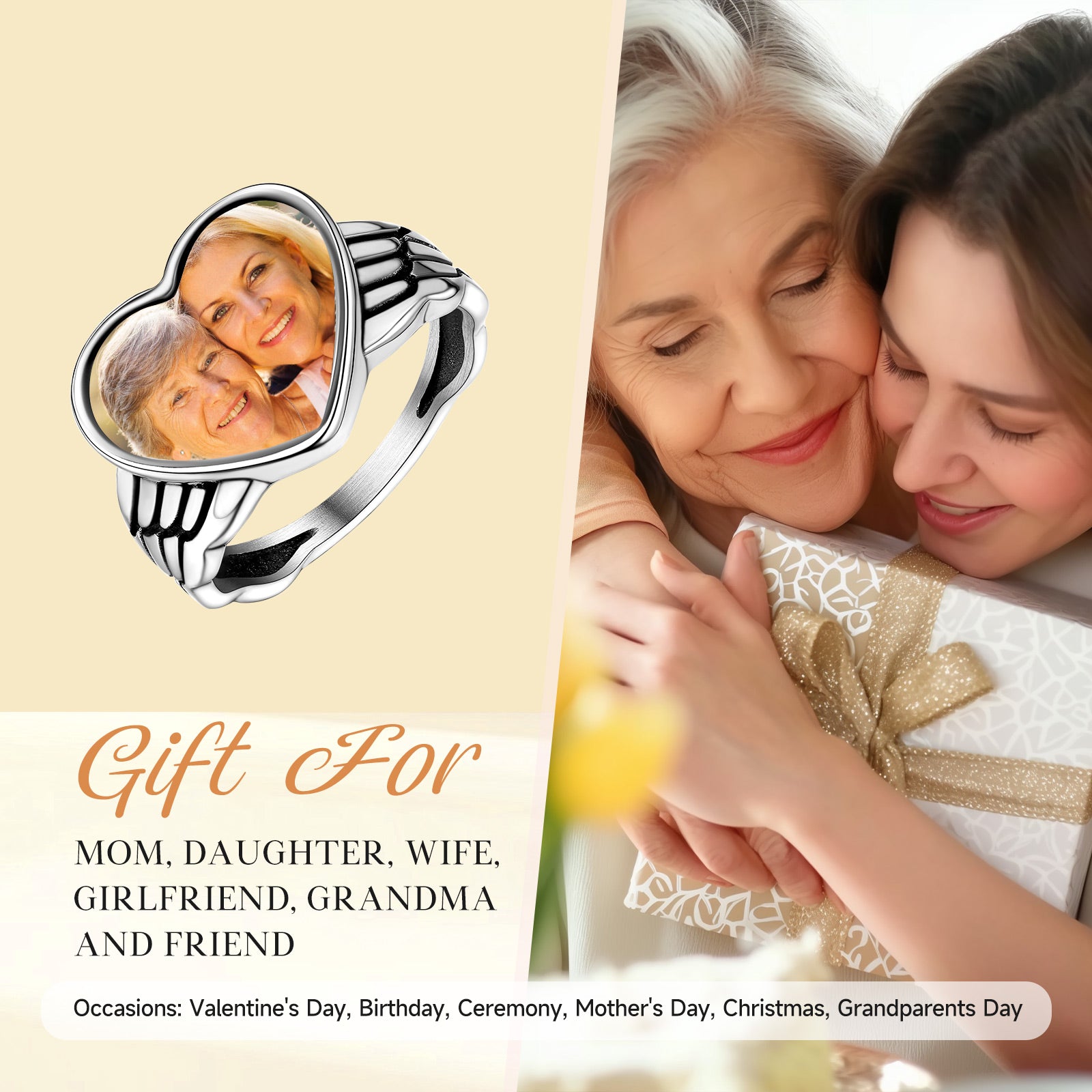 Custom4U Personalized Heart Photo Rings with Angel Wing for Women