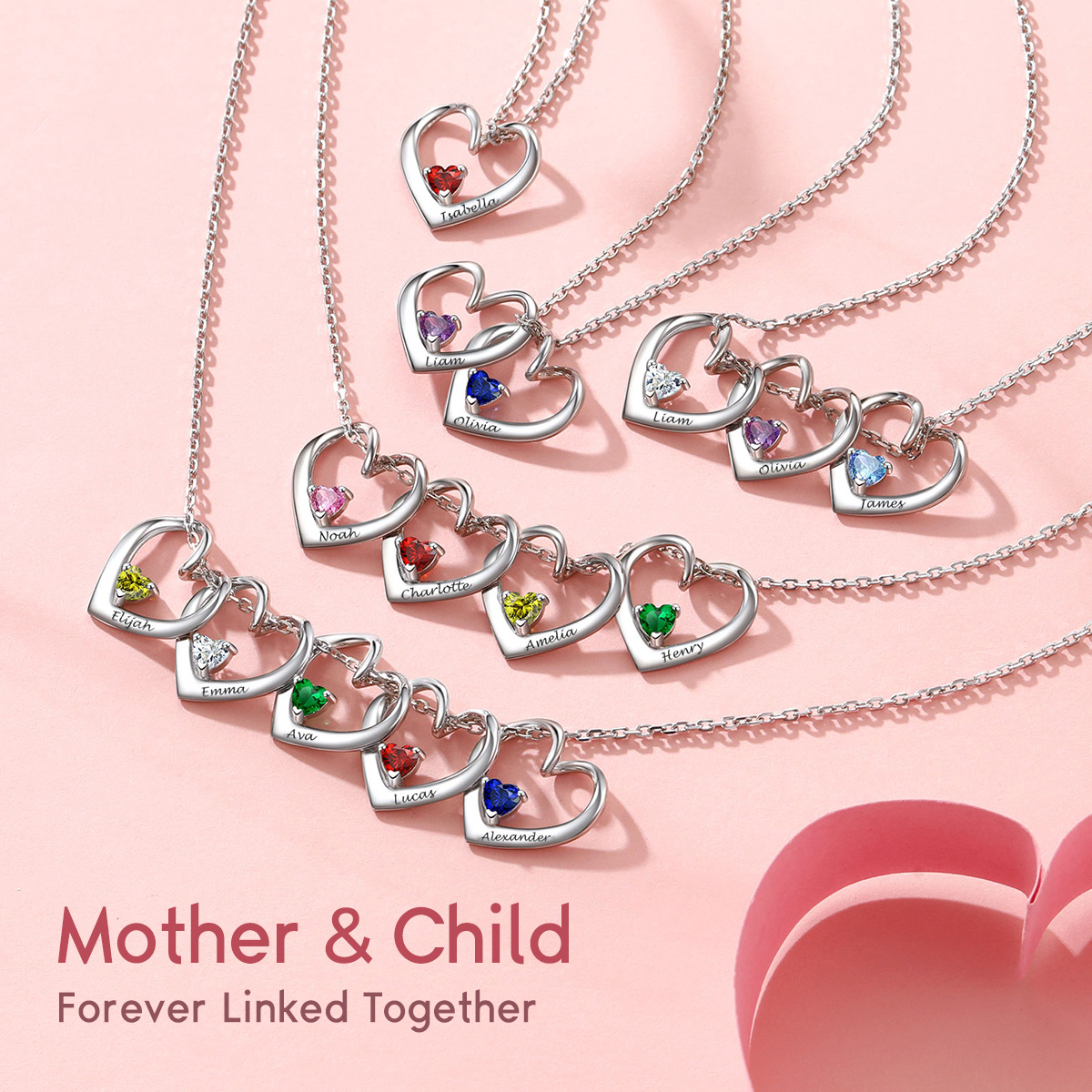 Personalized Name Family Birthstones Necklace With 1-5 Hearts mother&child