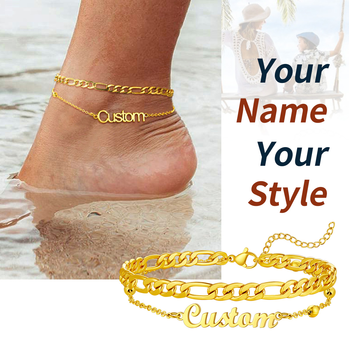 Custom Name Anklet with Figaro Chain for Women  fashion jewelry