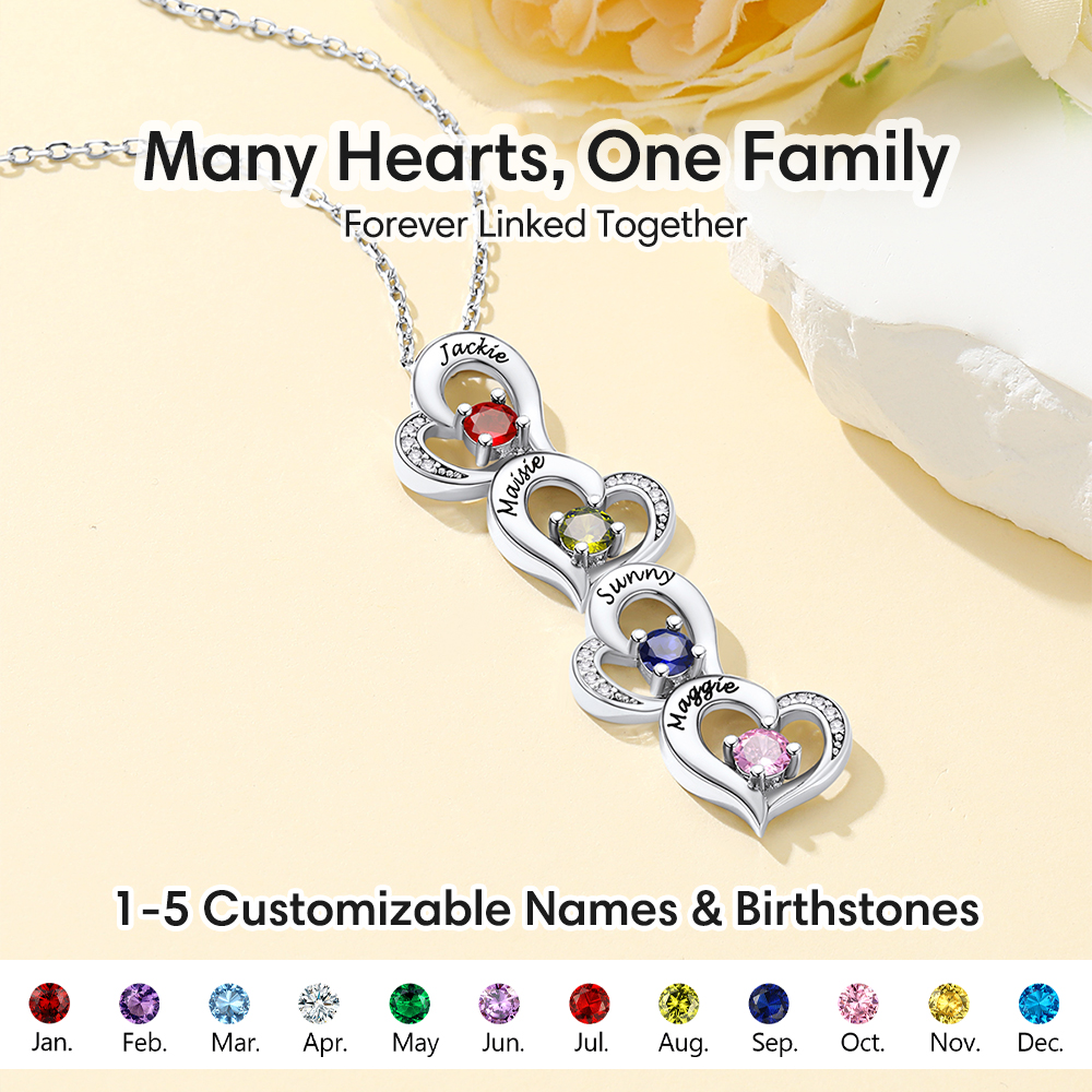 Personalized Heart 1-5 Family Birthstone Necklace for Mom