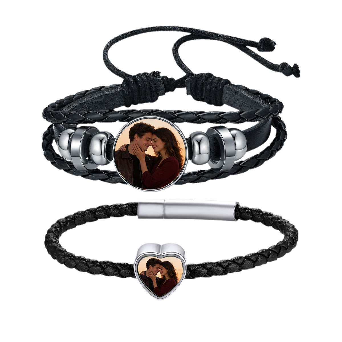 Custom Photo Leather Bracelet Set for Couple