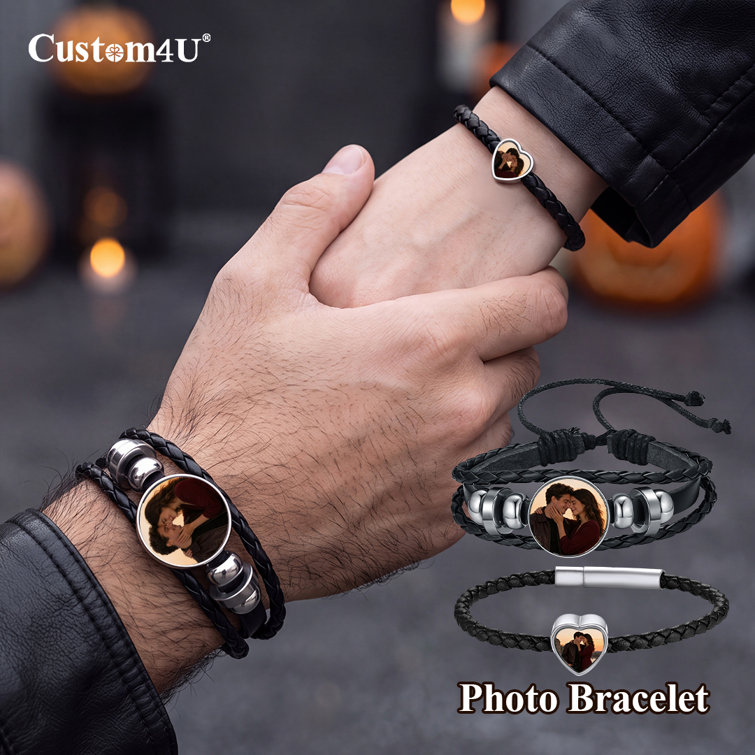 Custom Photo Leather Bracelet Set for Couple